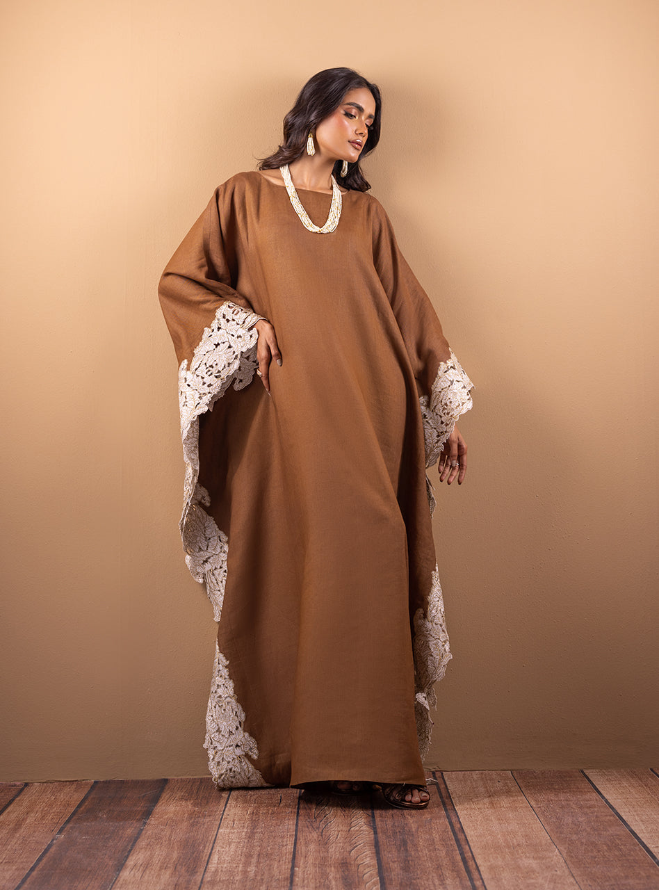 Pakistani Brown Lace Raw Silk Kaftan (1-Pc) - Image 5
