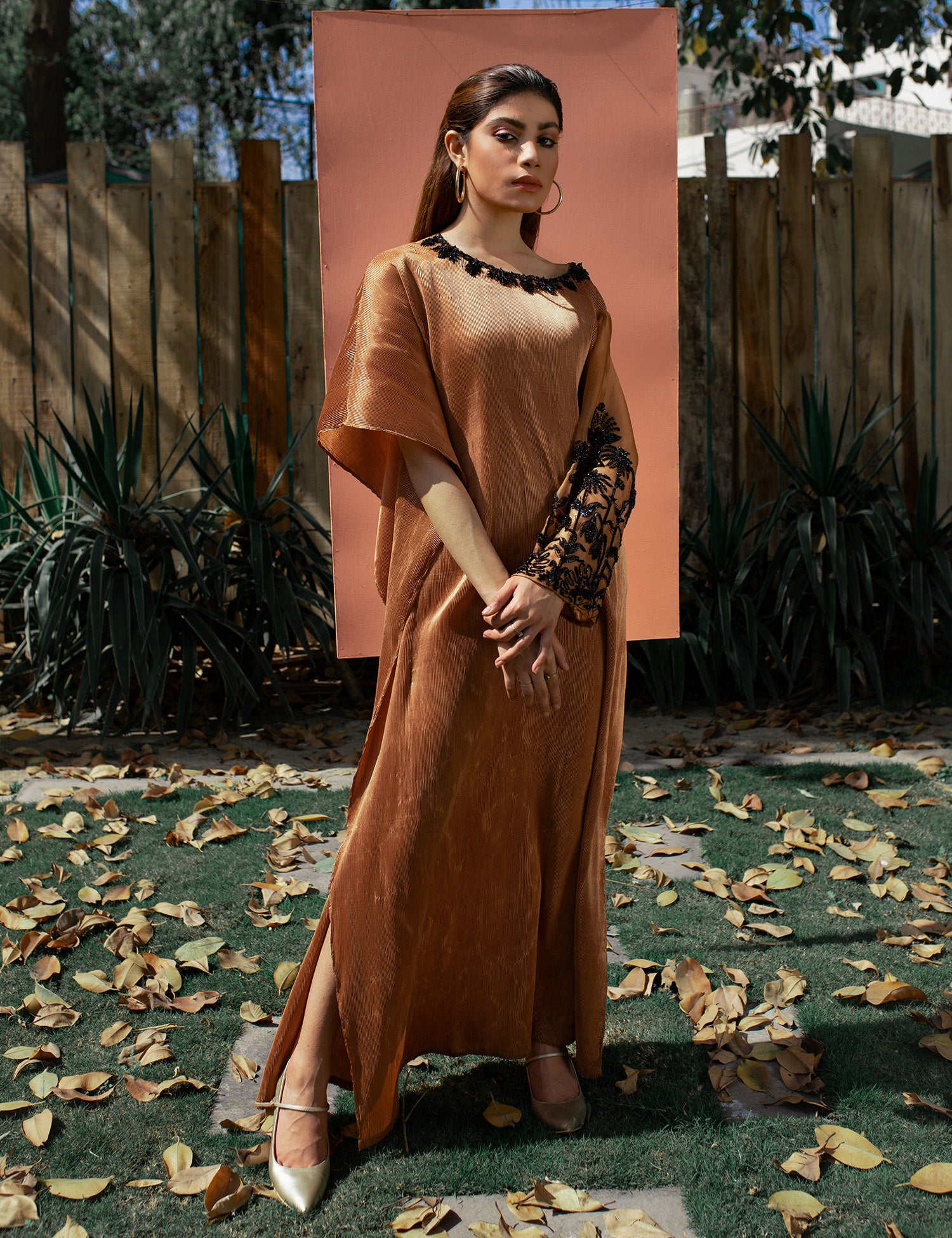 Brown Embellished Silk Kaftan (1-Pc) - Image 1