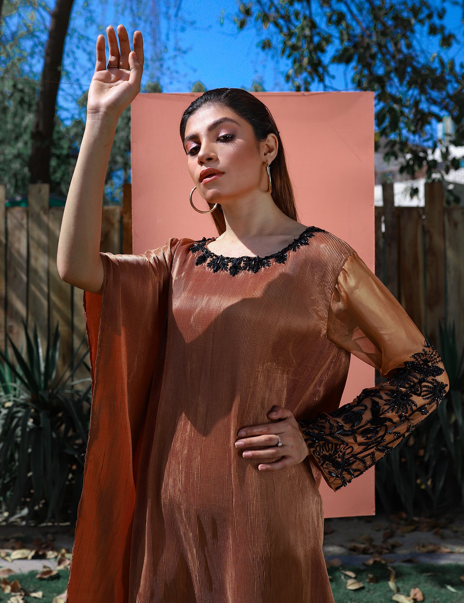 Brown Embellished Silk Kaftan (1-Pc) - Image 2