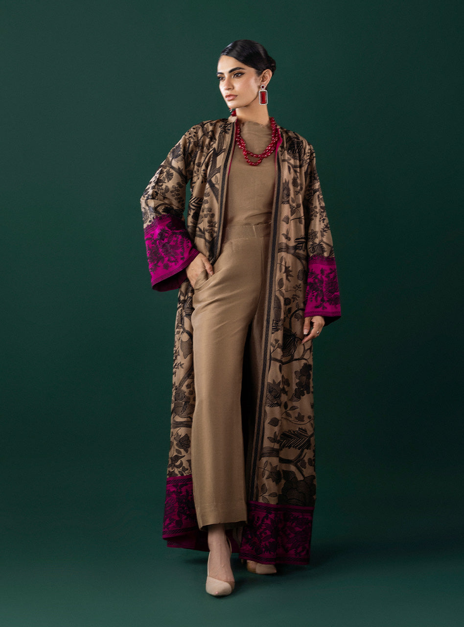 Pakistani Coffee Kantha Embroidered Silk-Blend Kaftan (3-Piece) - Image 1