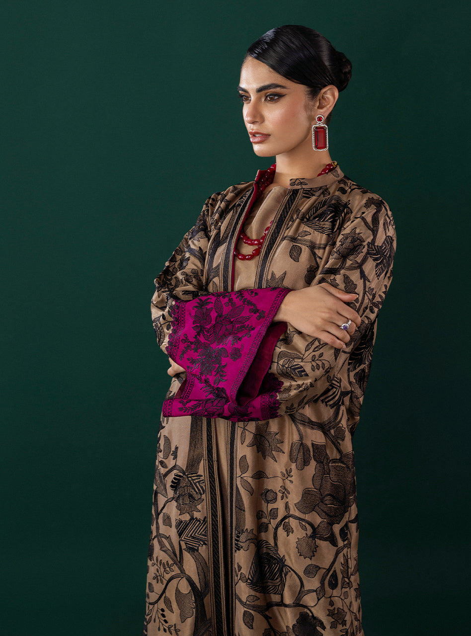 Pakistani Coffee Kantha Embroidered Silk-Blend Kaftan (3-Piece) - Image 11