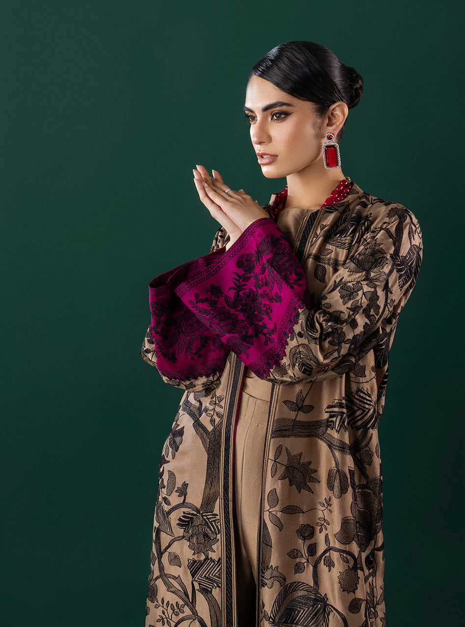 Pakistani Coffee Kantha Embroidered Silk-Blend Kaftan (3-Piece) - Image 13