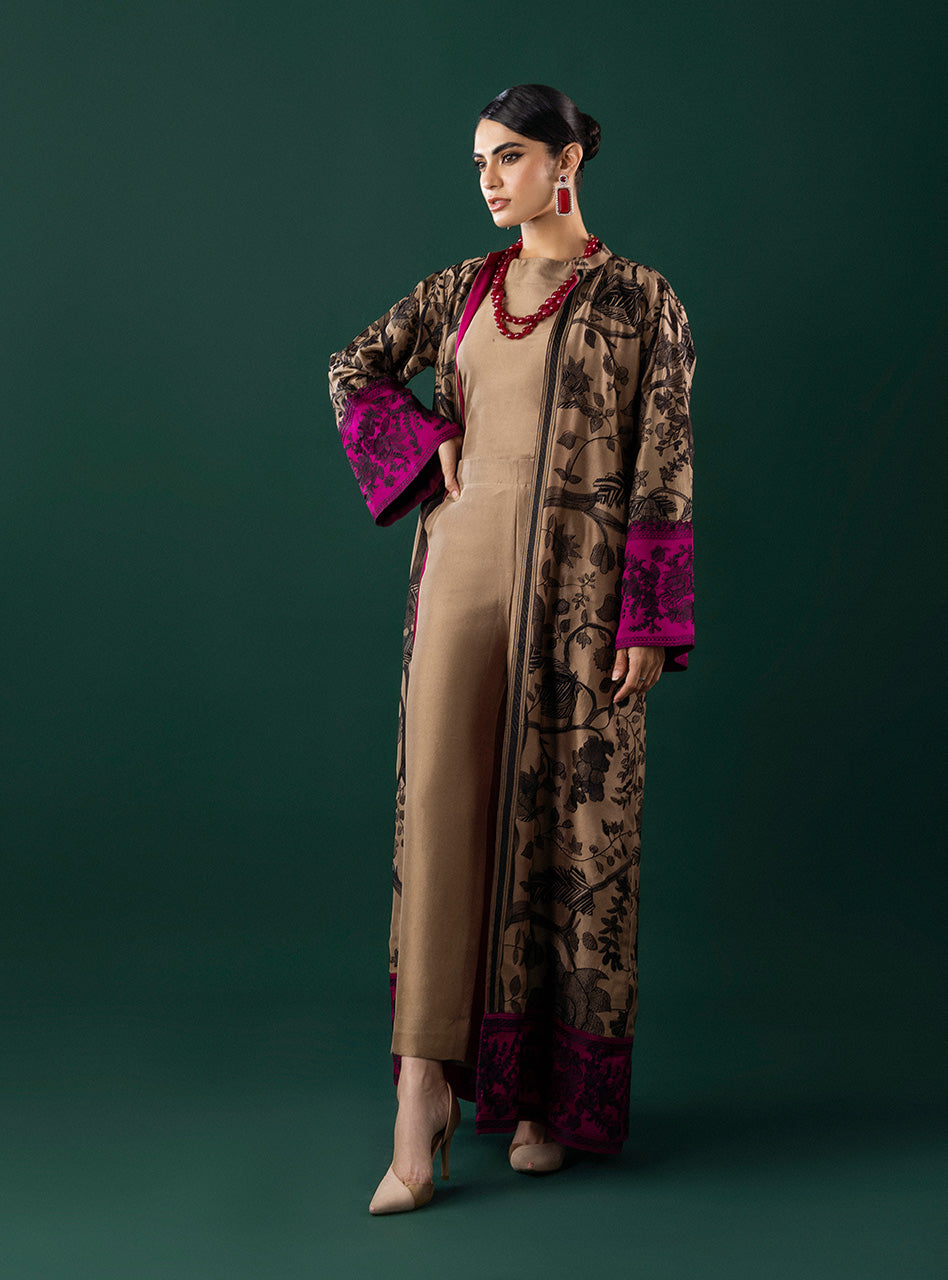 Pakistani Coffee Kantha Embroidered Silk-Blend Kaftan (3-Piece) - Image 5