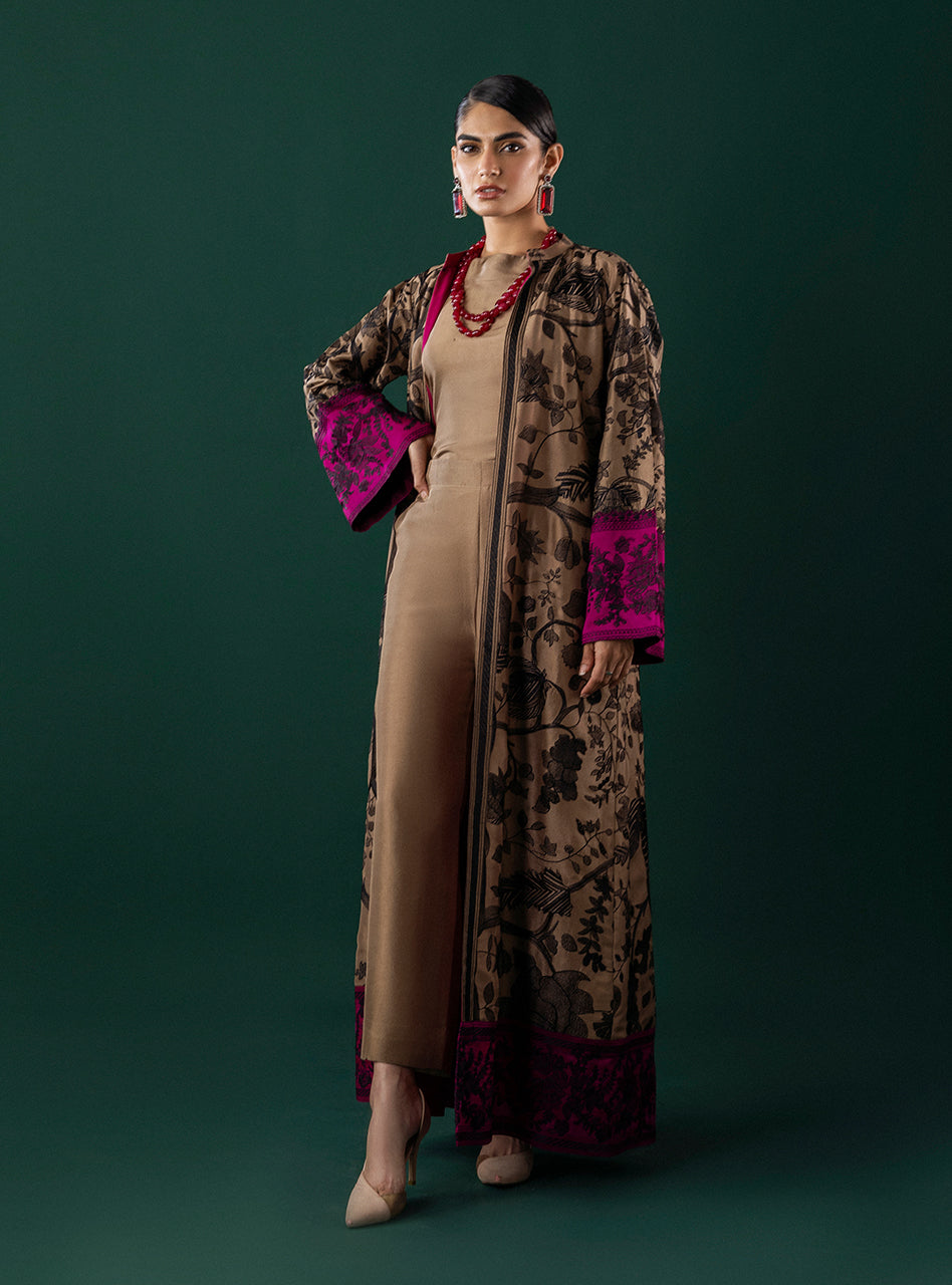 Pakistani Coffee Kantha Embroidered Silk-Blend Kaftan (3-Piece) - Image 6