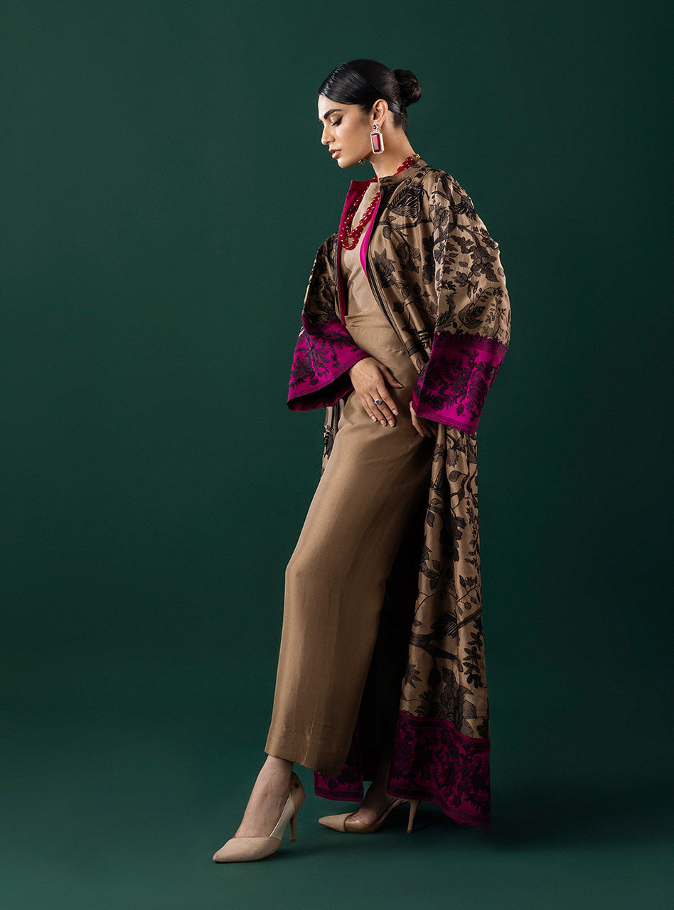 Pakistani Coffee Kantha Embroidered Silk-Blend Kaftan (3-Piece) - Image 7