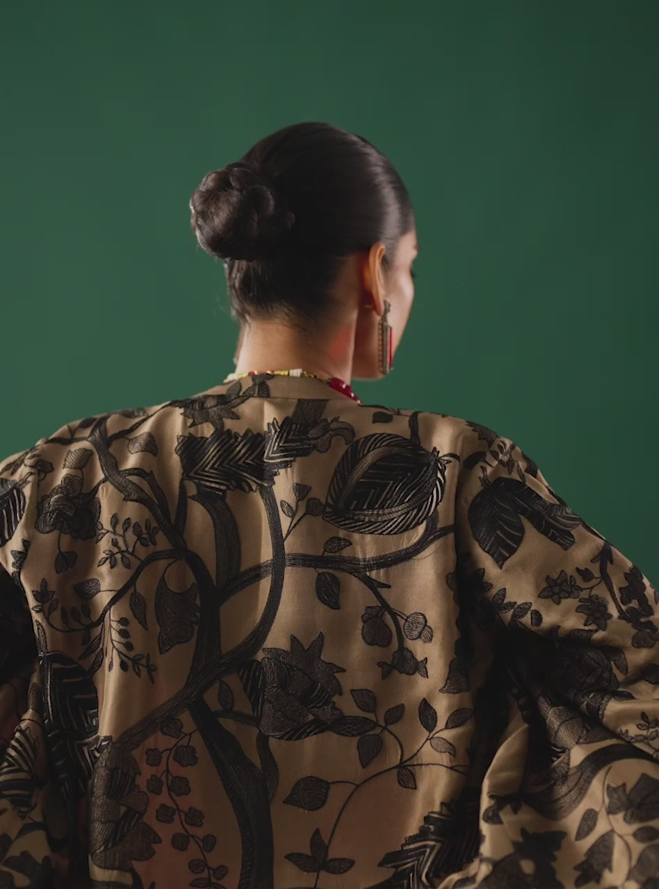 Pakistani Coffee Kantha Embroidered Silk-Blend Kaftan (3-Piece) - Image 9