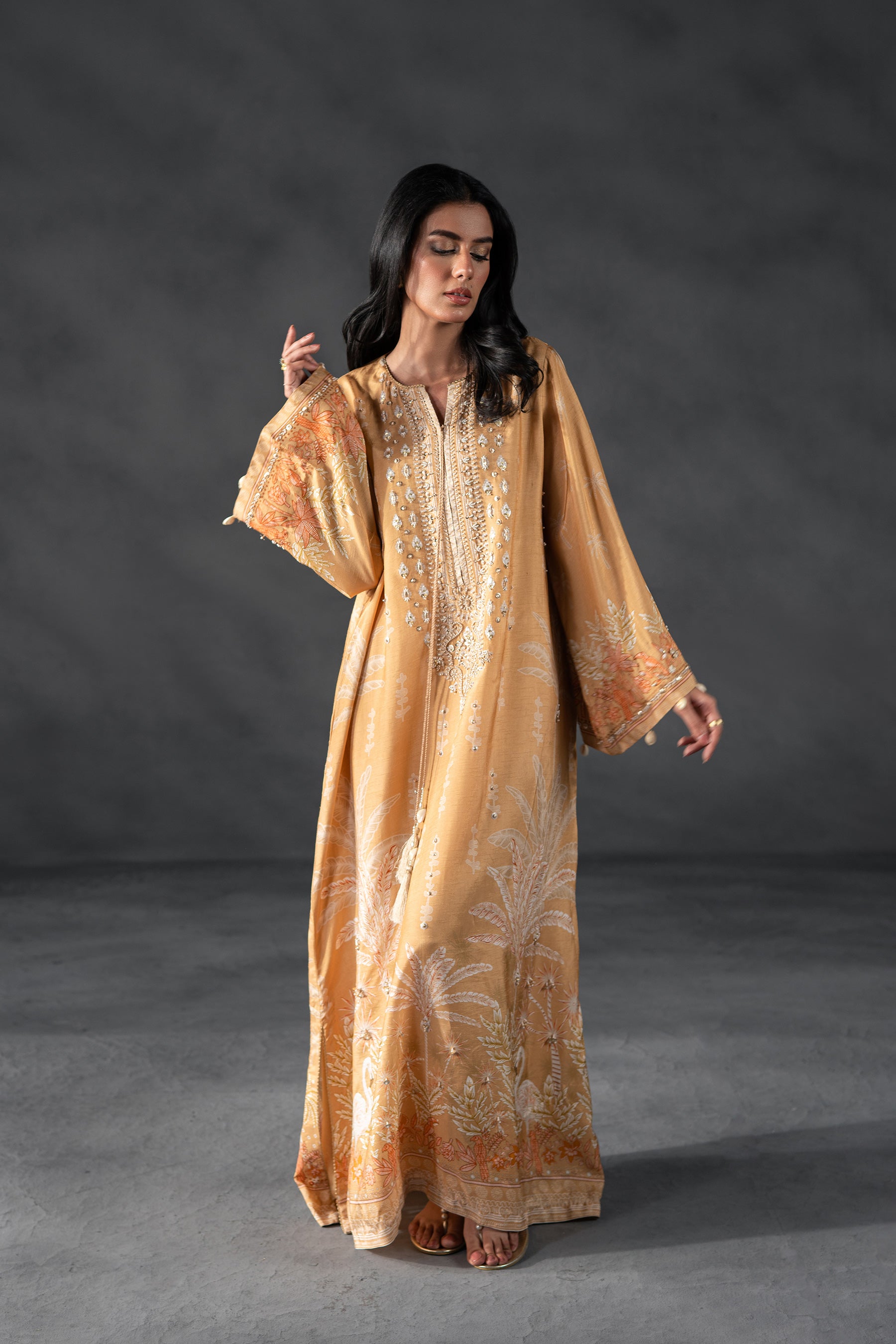 Caramel Embroidered Blended Silk Kaftan Set (2-Piece) - Image 1