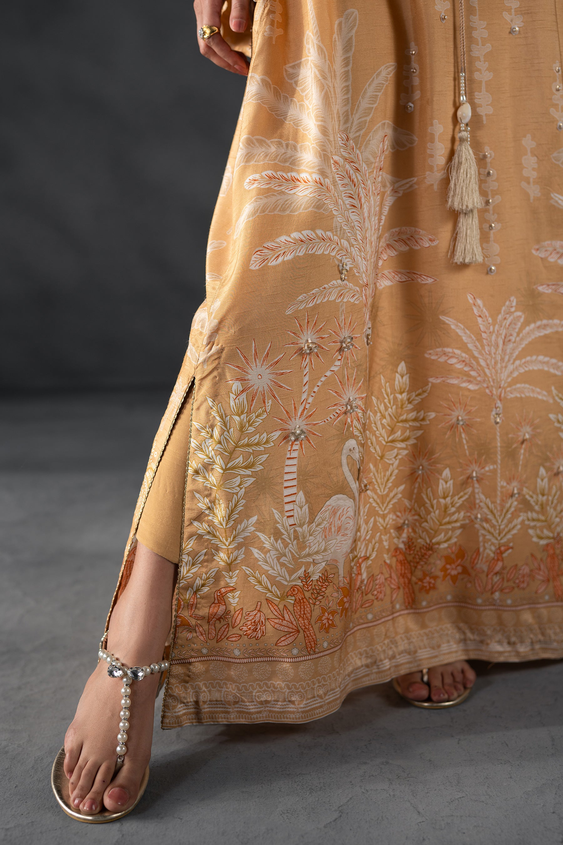 Caramel Embroidered Blended Silk Kaftan Set (2-Piece) - Image 3