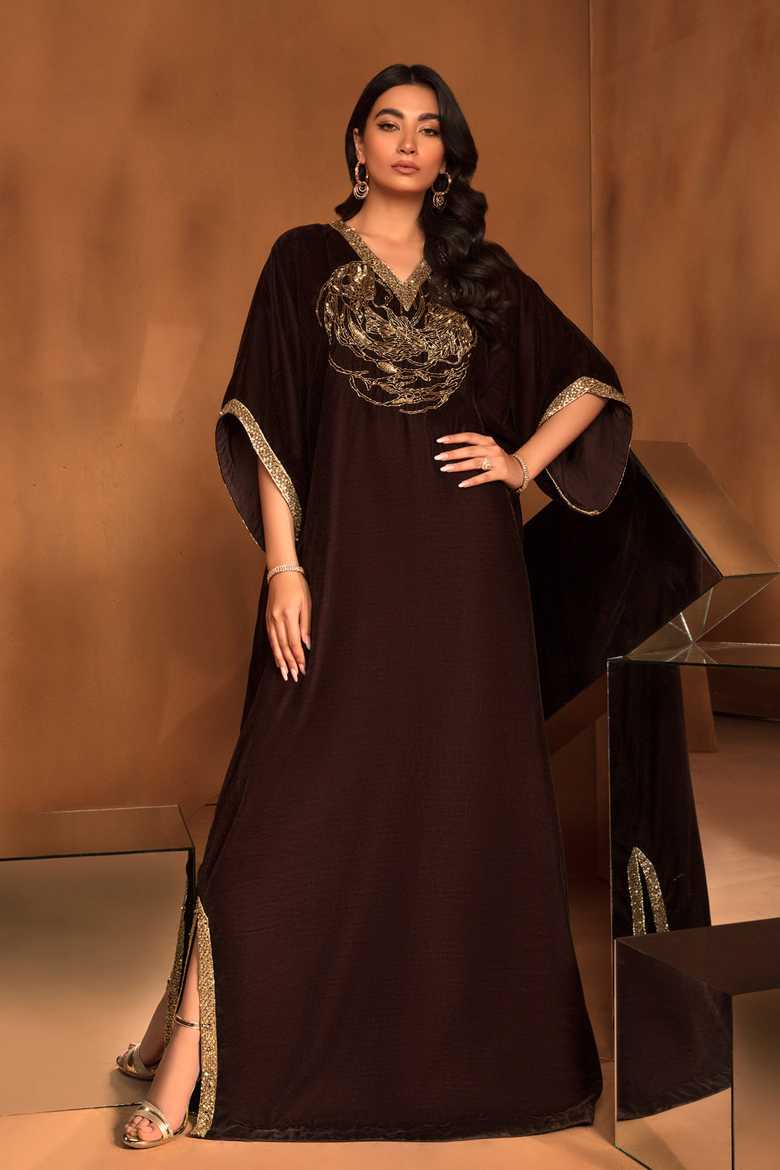Pakistani Deep Chocolate Velvet Kaftan with Golden Sequin & Cut-Stone (1-Pc) - Image 1