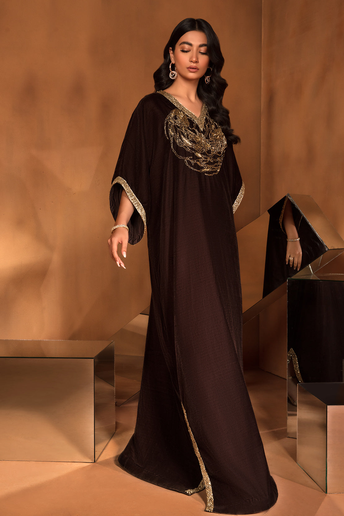 Pakistani Deep Chocolate Velvet Kaftan with Golden Sequin & Cut-Stone (1-Pc) - Image 2