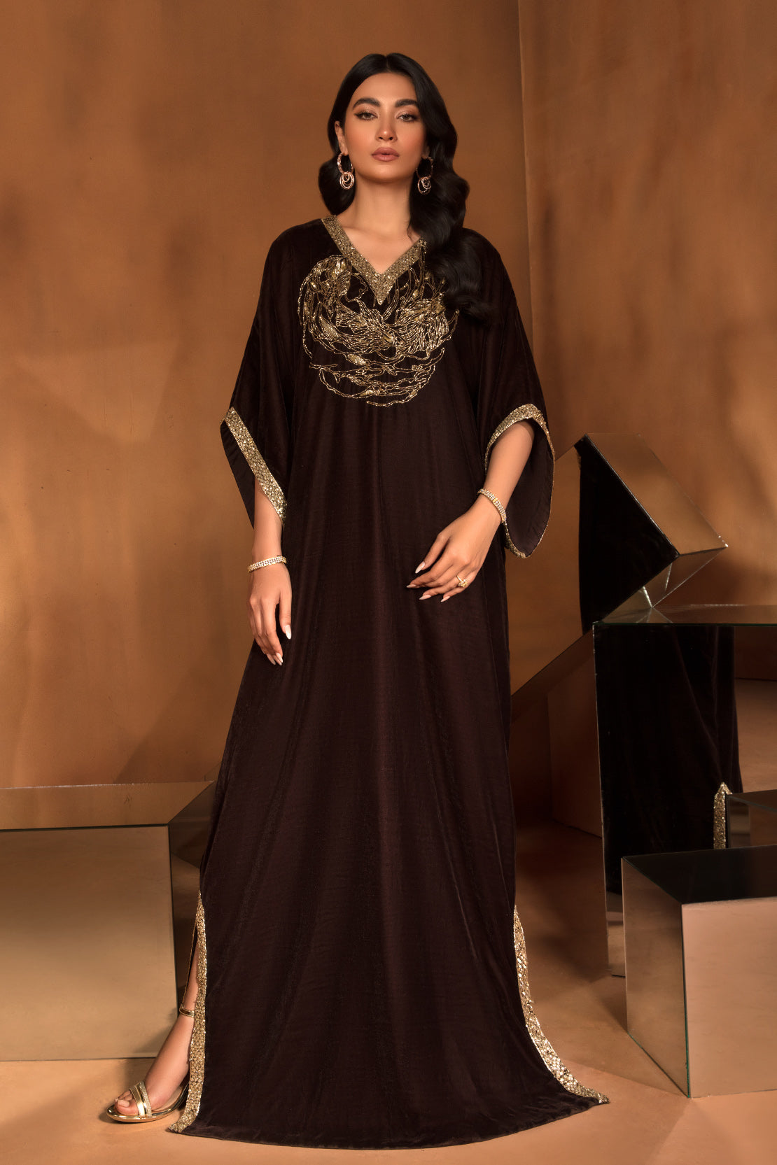 Pakistani Deep Chocolate Velvet Kaftan with Golden Sequin & Cut-Stone (1-Pc) - Image 3