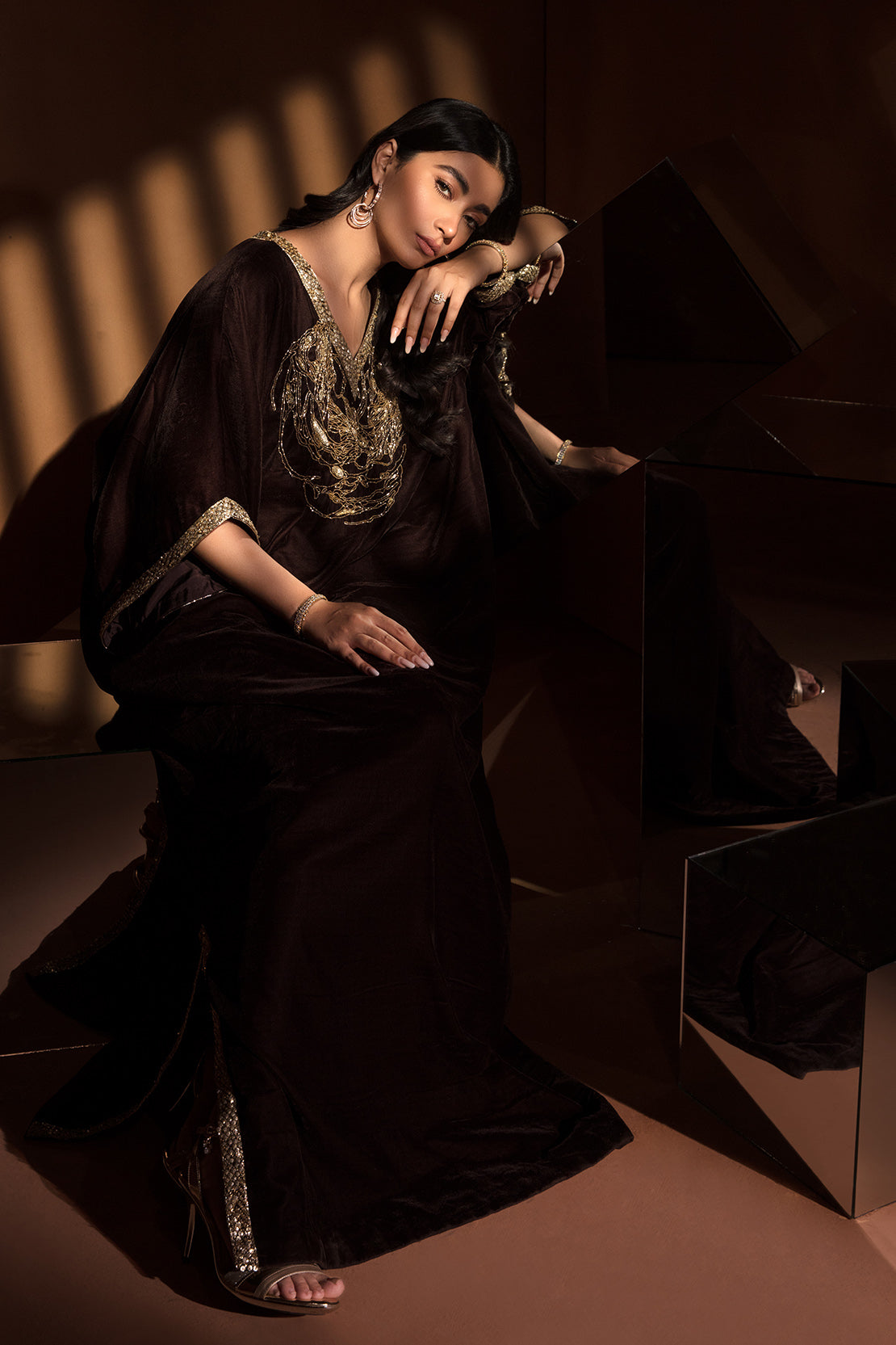 Pakistani Deep Chocolate Velvet Kaftan with Golden Sequin & Cut-Stone (1-Pc) - Image 4