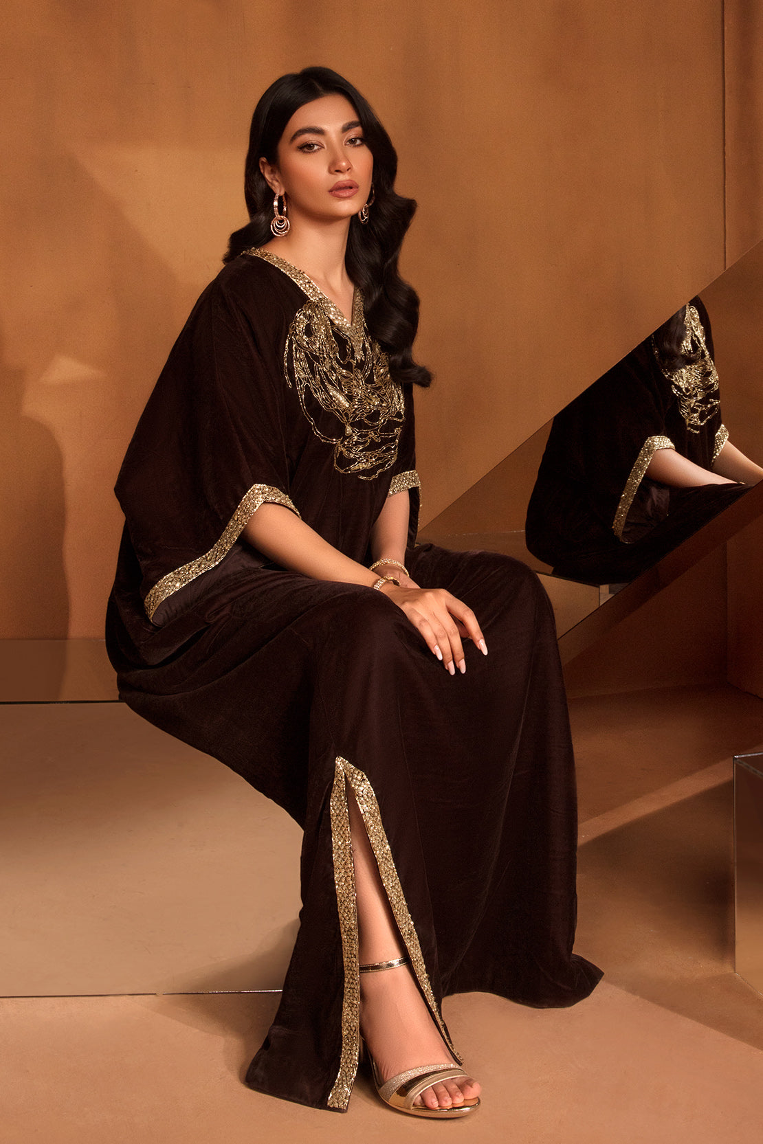 Pakistani Deep Chocolate Velvet Kaftan with Golden Sequin & Cut-Stone (1-Pc) - Image 6