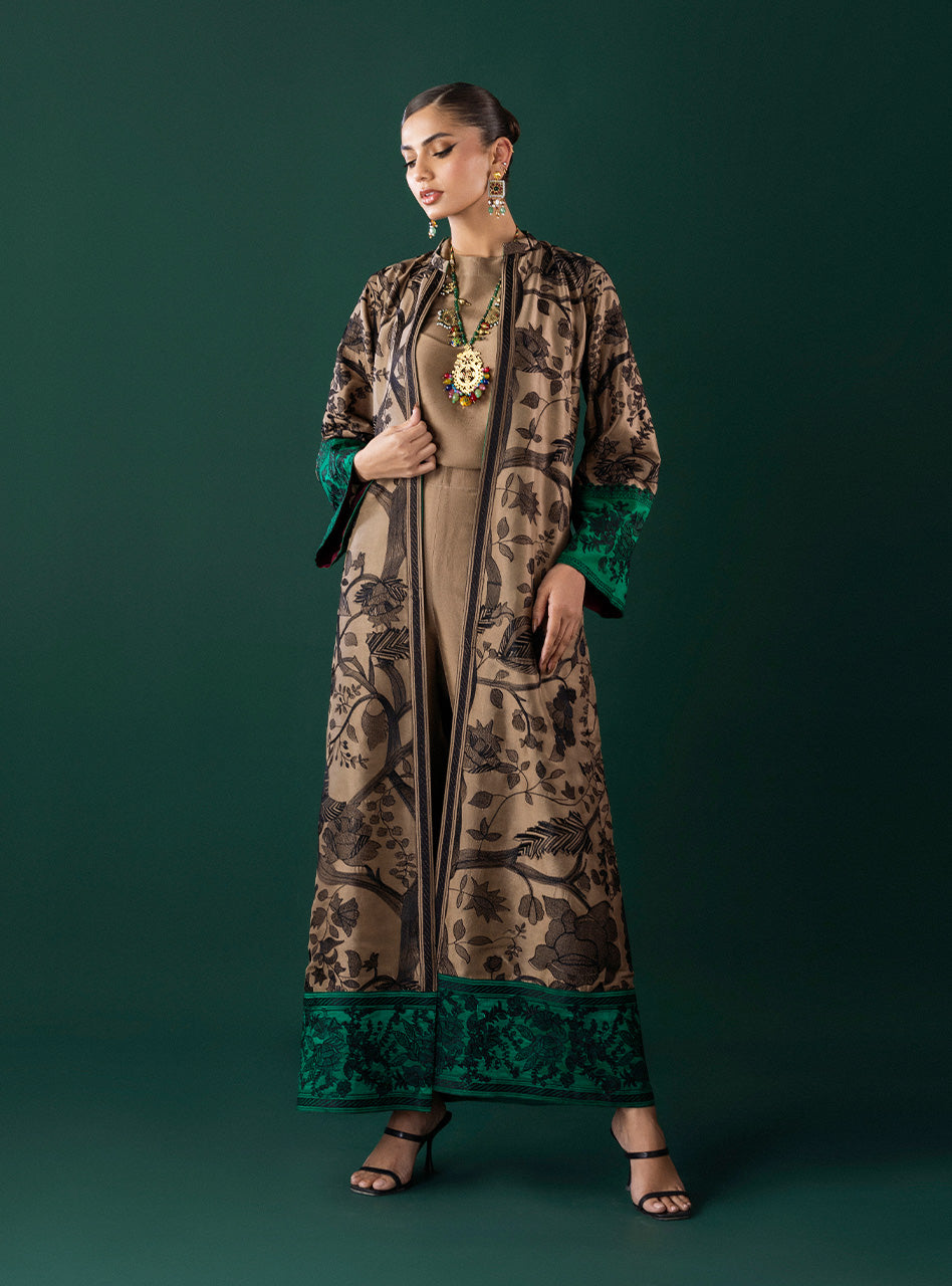 Pakistani Coffee Kantha Embroidered Viscose Silk Kaftan (3-Piece) - Image 1