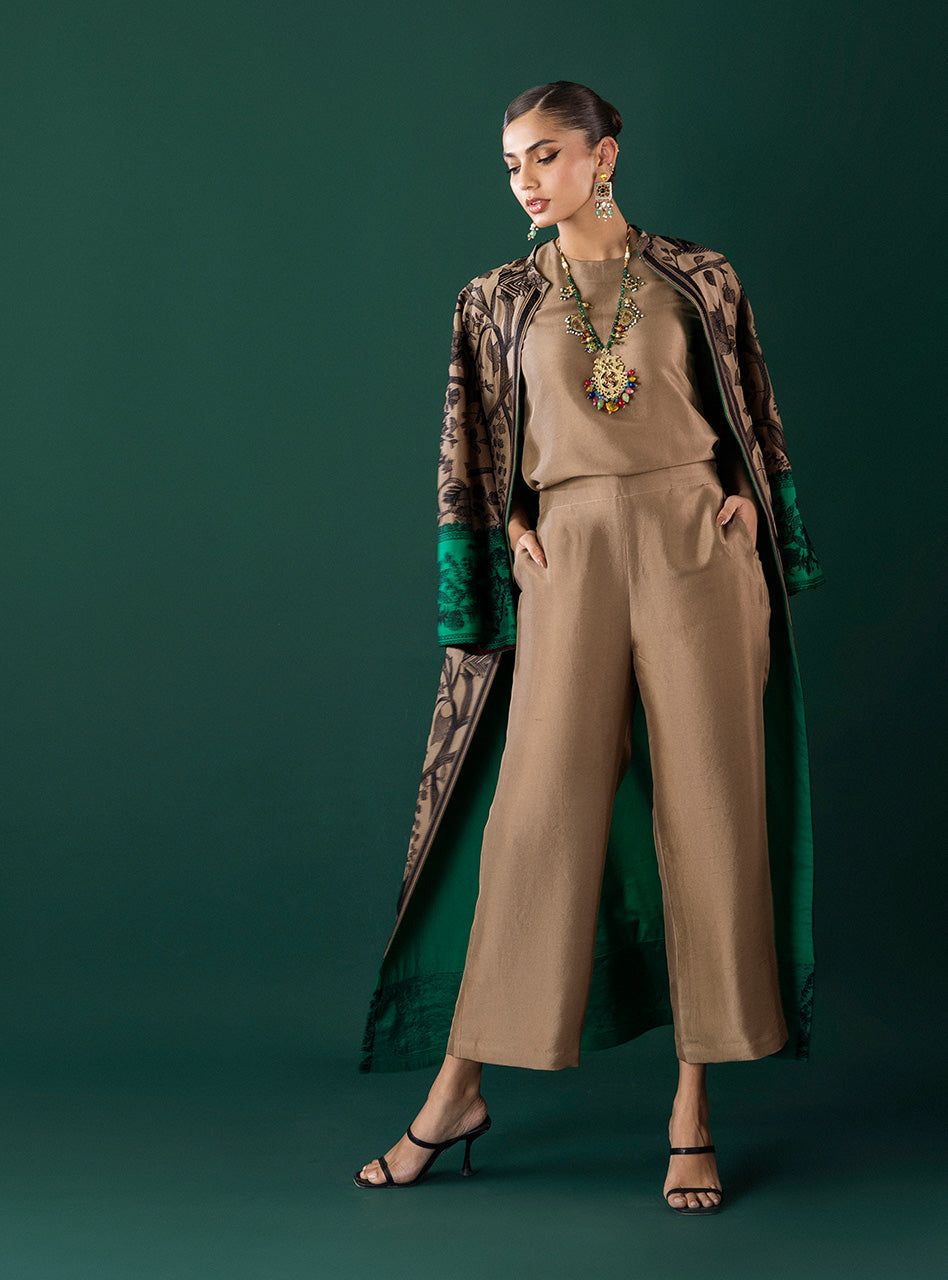 Pakistani Coffee Kantha Embroidered Viscose Silk Kaftan (3-Piece) - Image 10