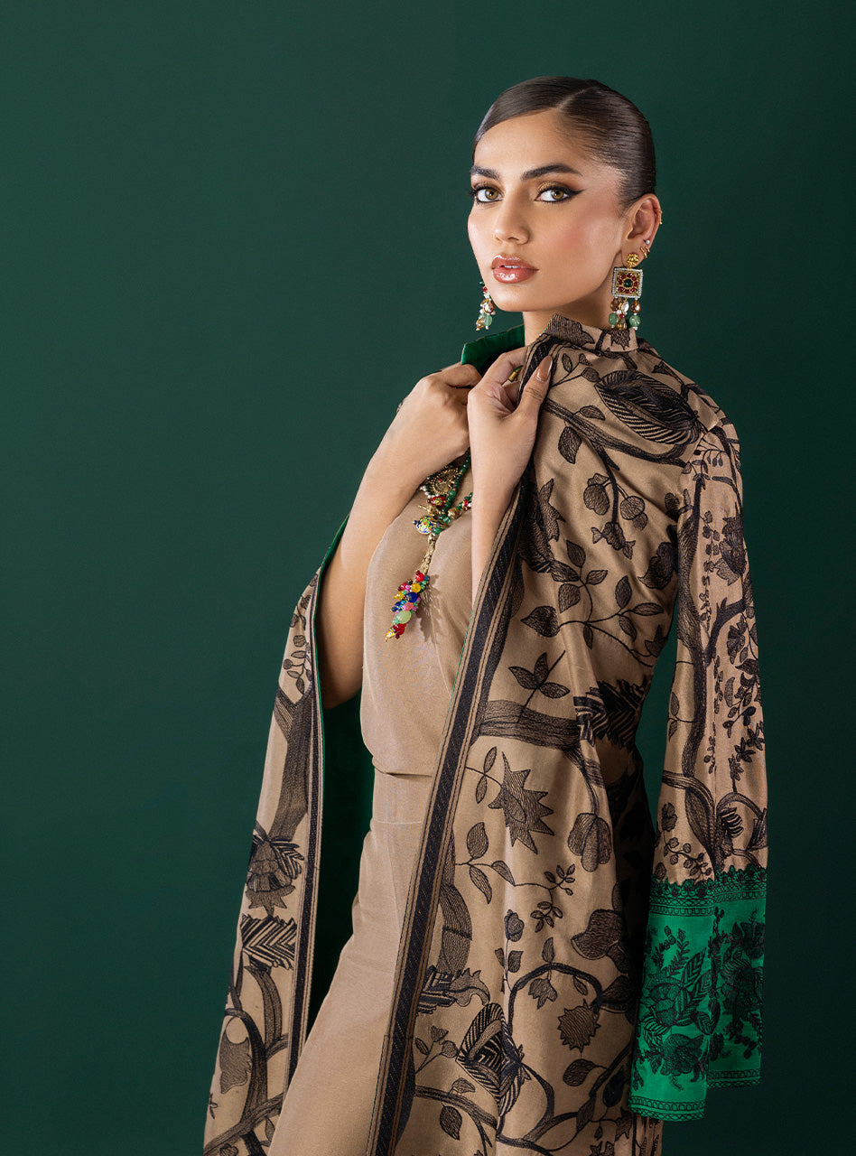 Pakistani Coffee Kantha Embroidered Viscose Silk Kaftan (3-Piece) - Image 3