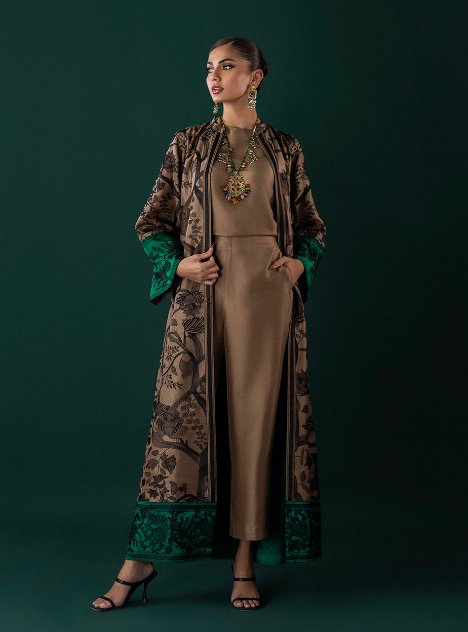 Pakistani Coffee Kantha Embroidered Viscose Silk Kaftan (3-Piece) - Image 5