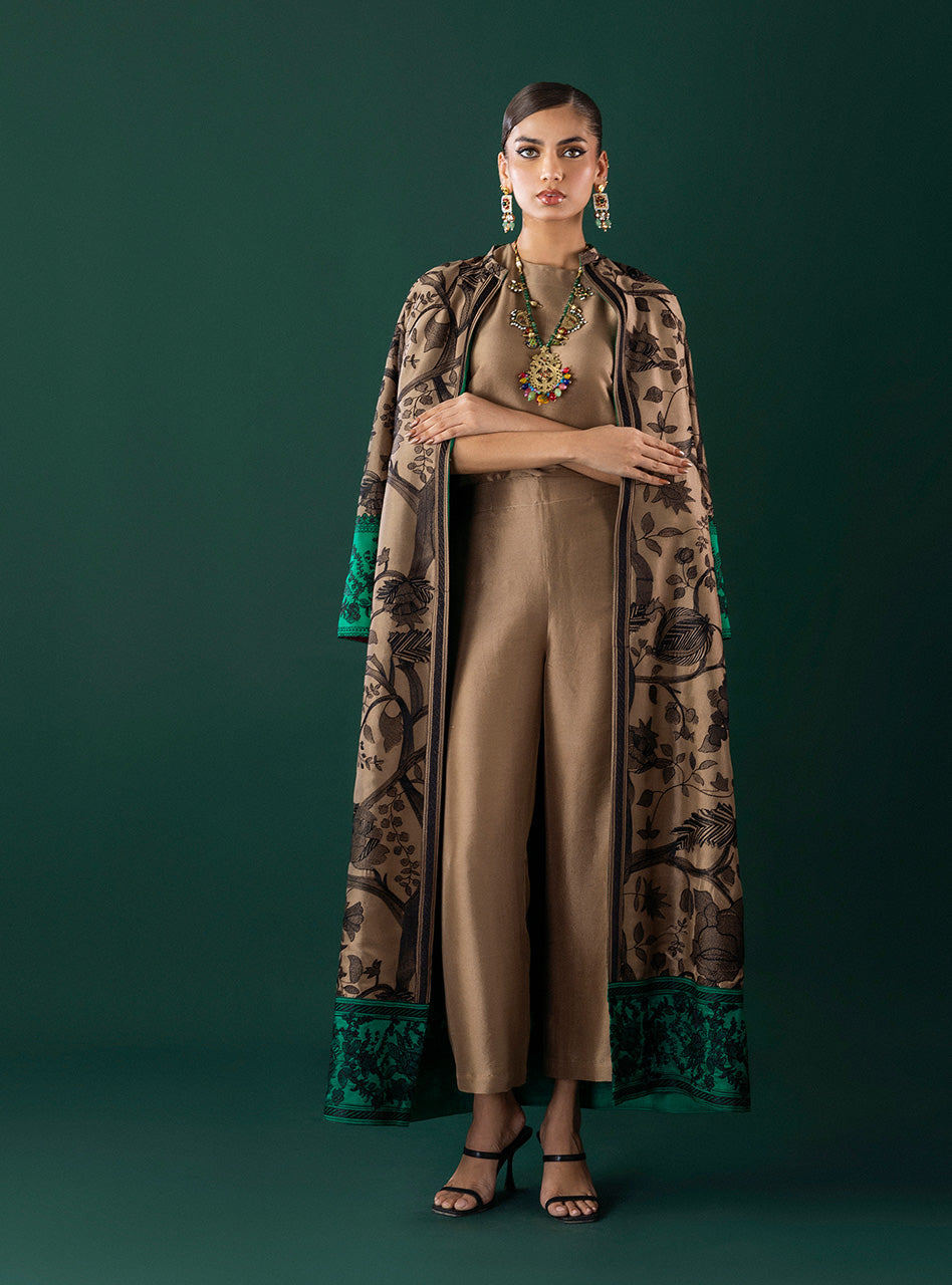 Pakistani Coffee Kantha Embroidered Viscose Silk Kaftan (3-Piece) - Image 6