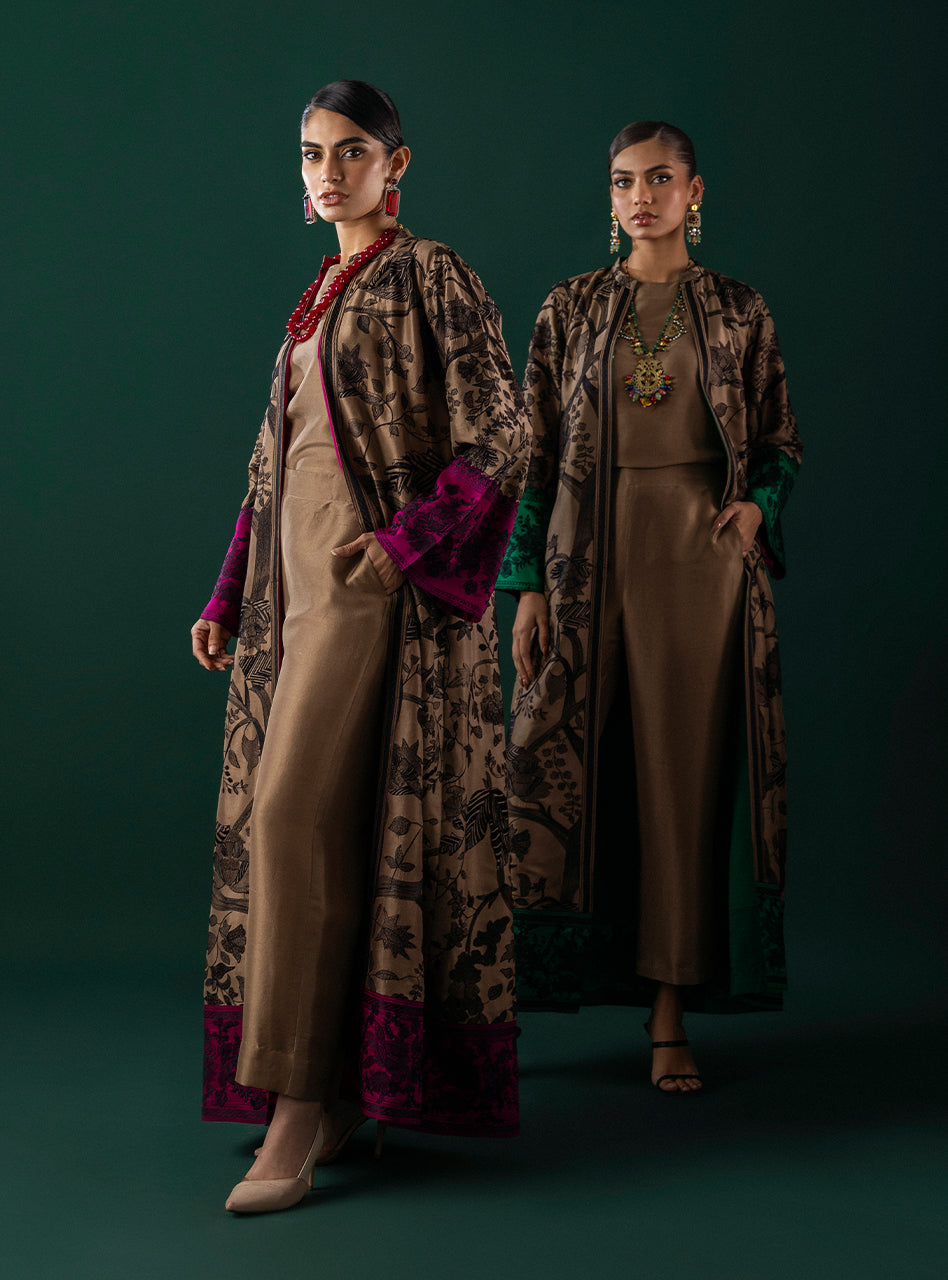 Pakistani Coffee Kantha Embroidered Viscose Silk Kaftan (3-Piece) - Image 9