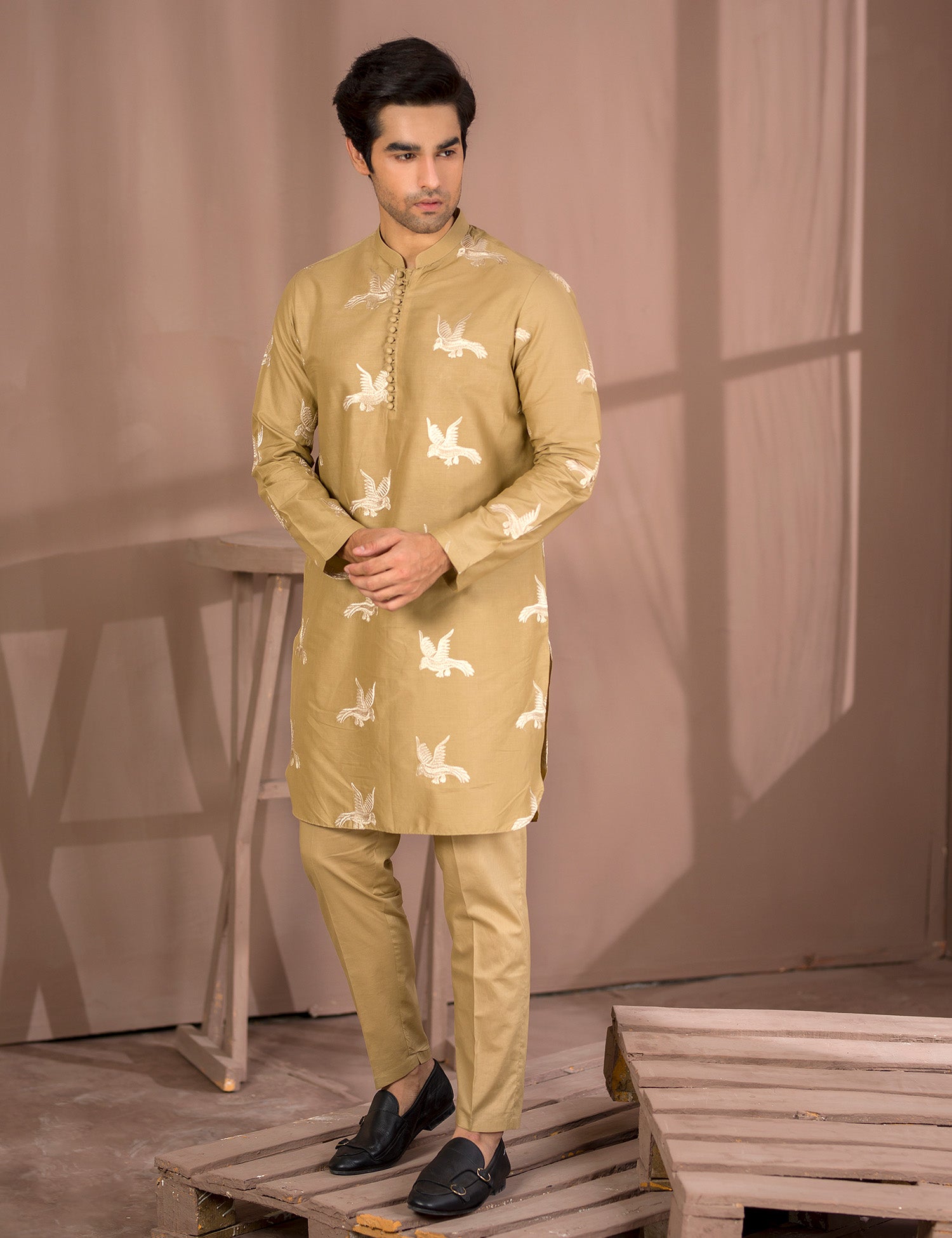 Camel Brown Embroidered Cotton Kurta Trouser Set (2-Piece) - Image 1