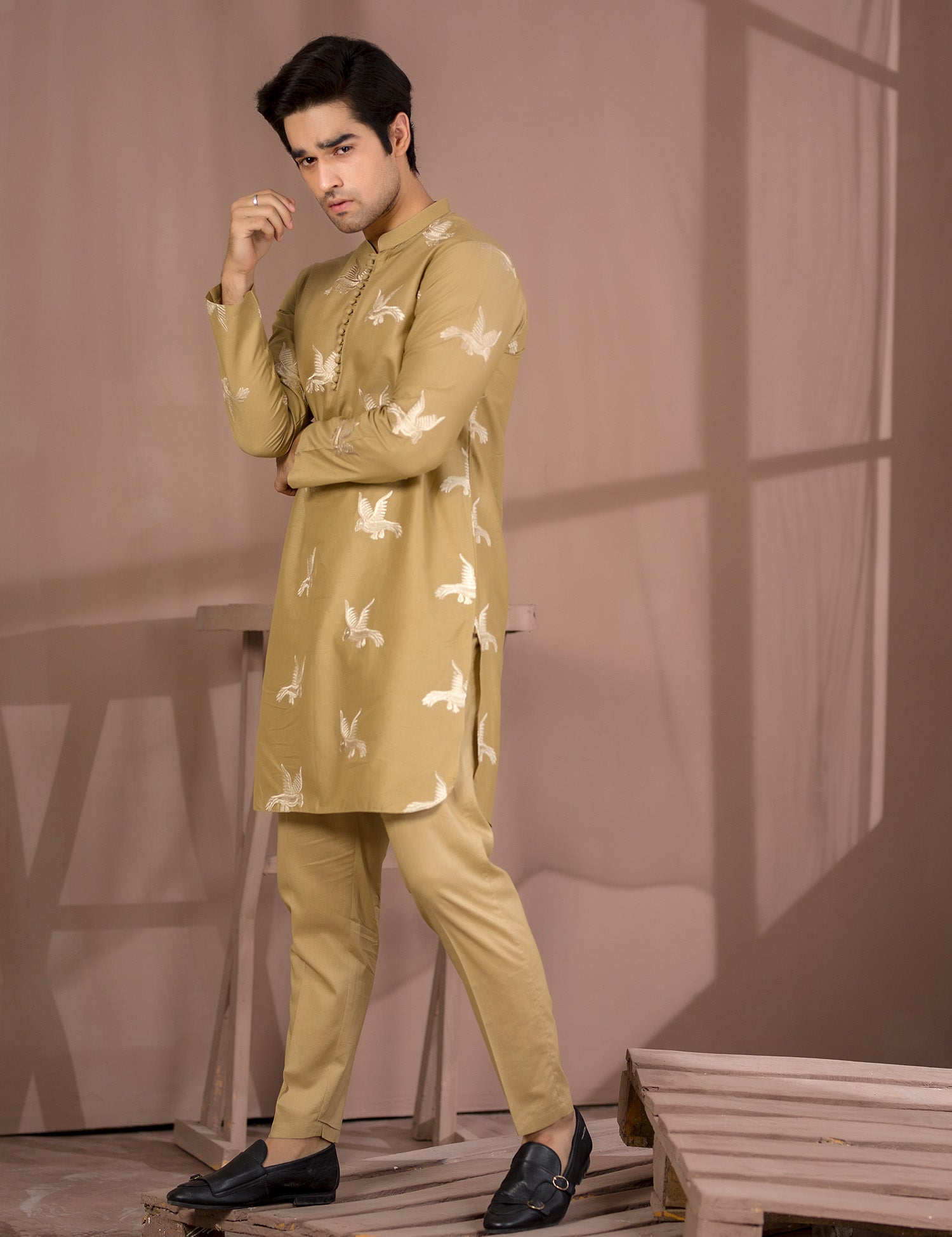 Camel Brown Embroidered Cotton Kurta Trouser Set (2-Piece) - Image 2