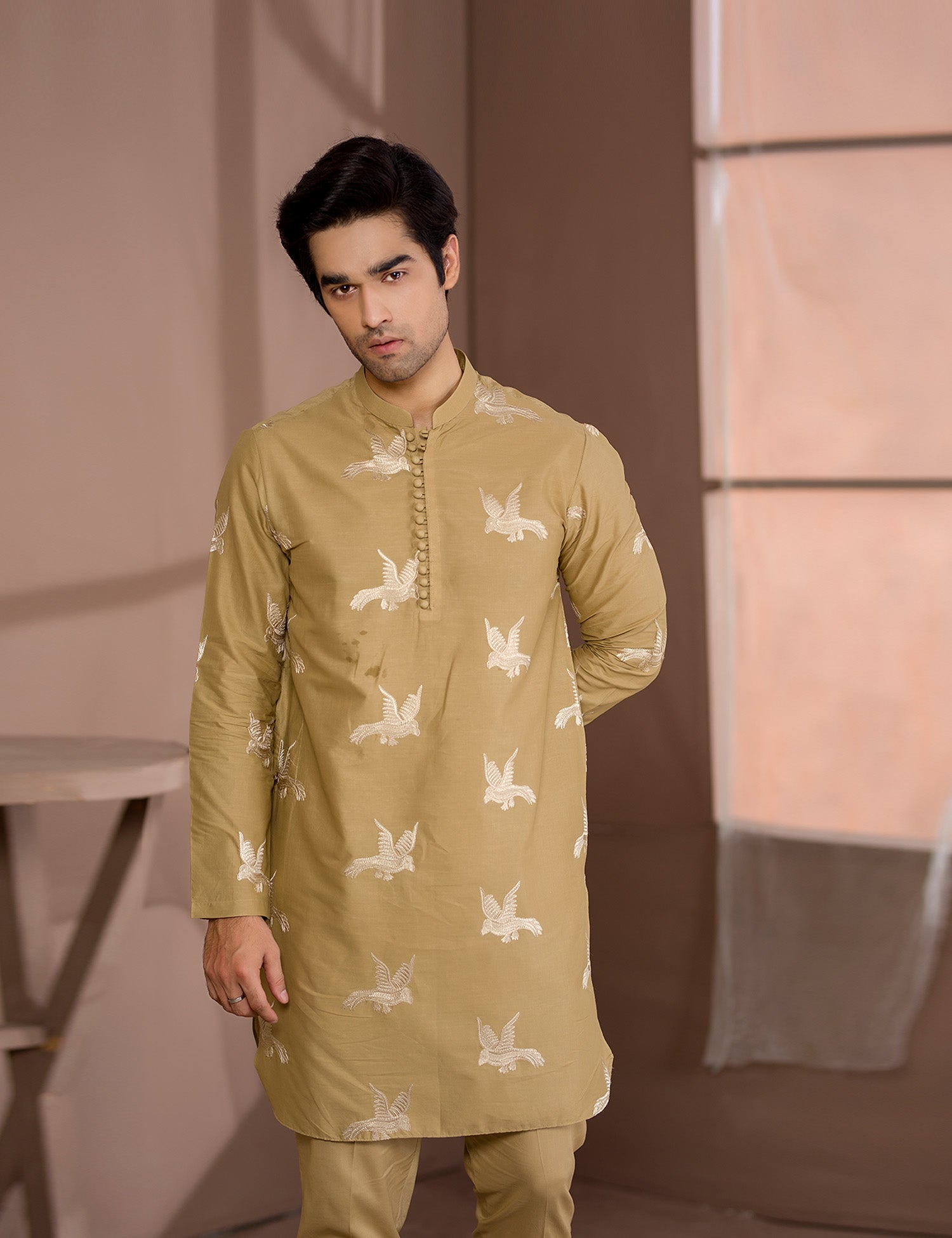 Camel Brown Embroidered Cotton Kurta Trouser Set (2-Piece) - Image 3