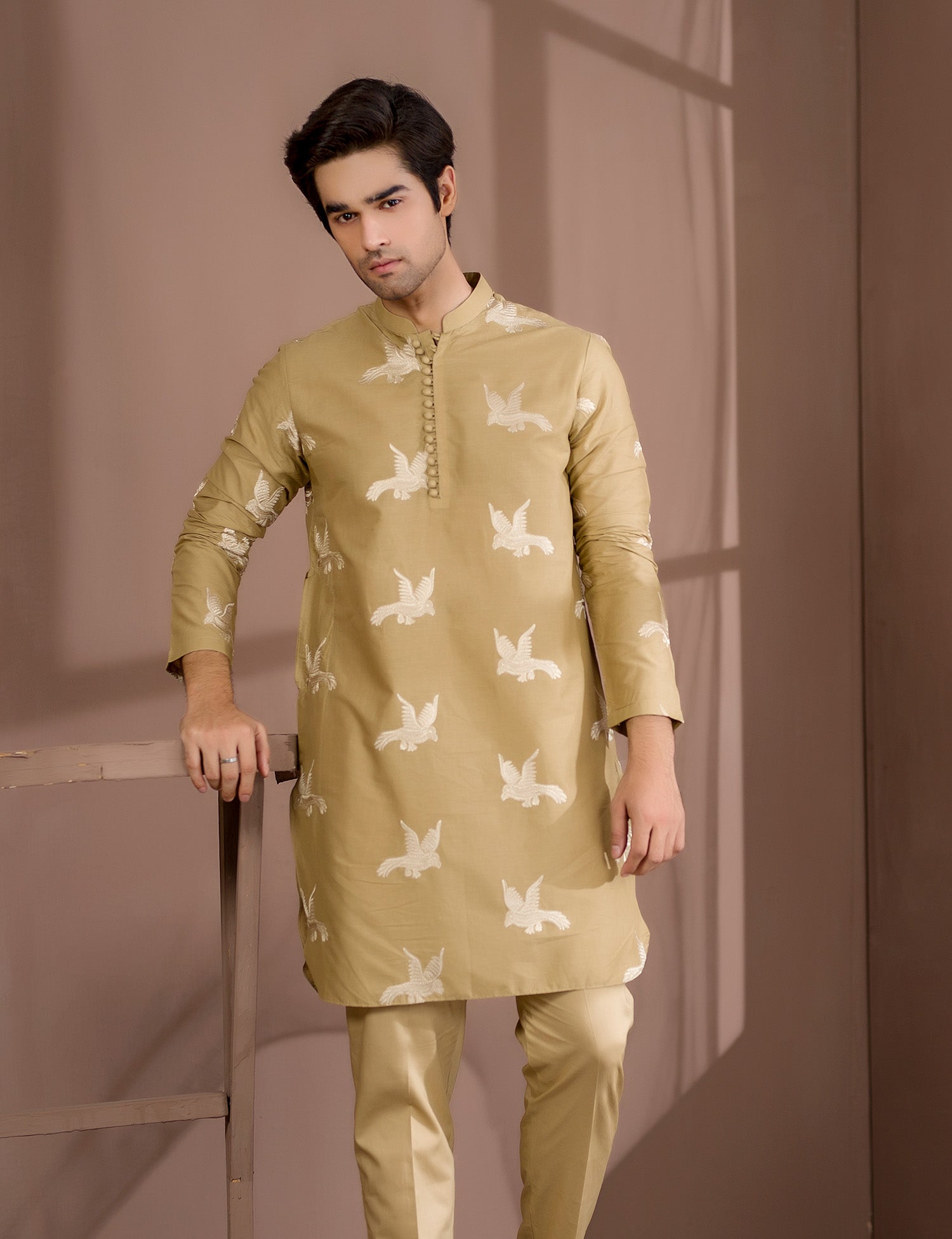 Camel Brown Embroidered Cotton Kurta Trouser Set (2-Piece) - Image 4