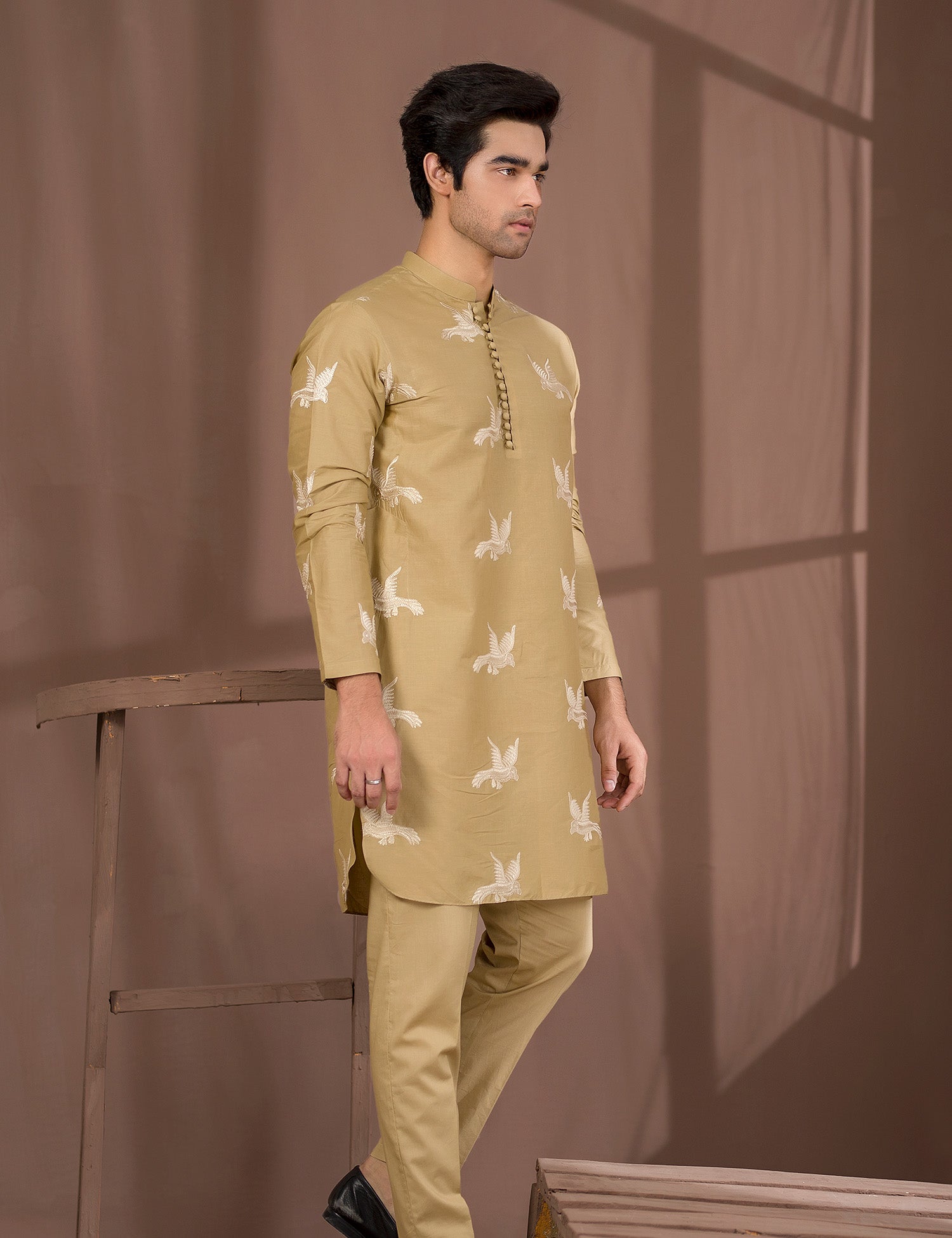 Camel Brown Embroidered Cotton Kurta Trouser Set (2-Piece) - Image 5