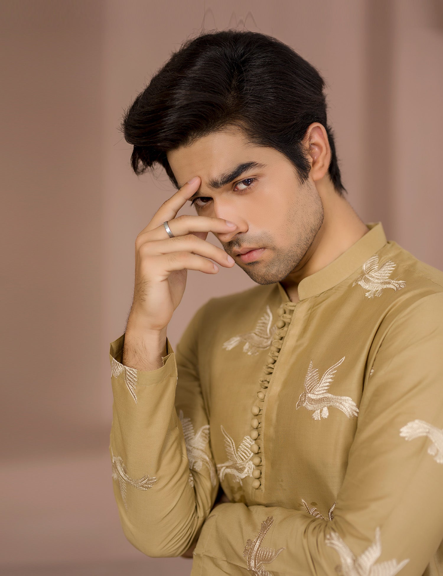 Camel Brown Embroidered Cotton Kurta Trouser Set (2-Piece) - Image 6