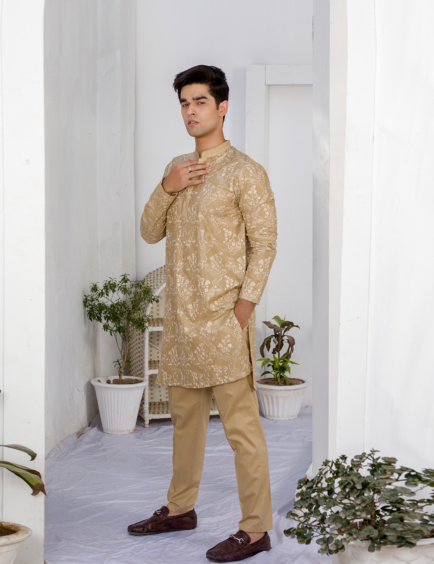 Camel Brown Embroidered Cotton Kurta Trouser Set (2-Piece) - Image 1