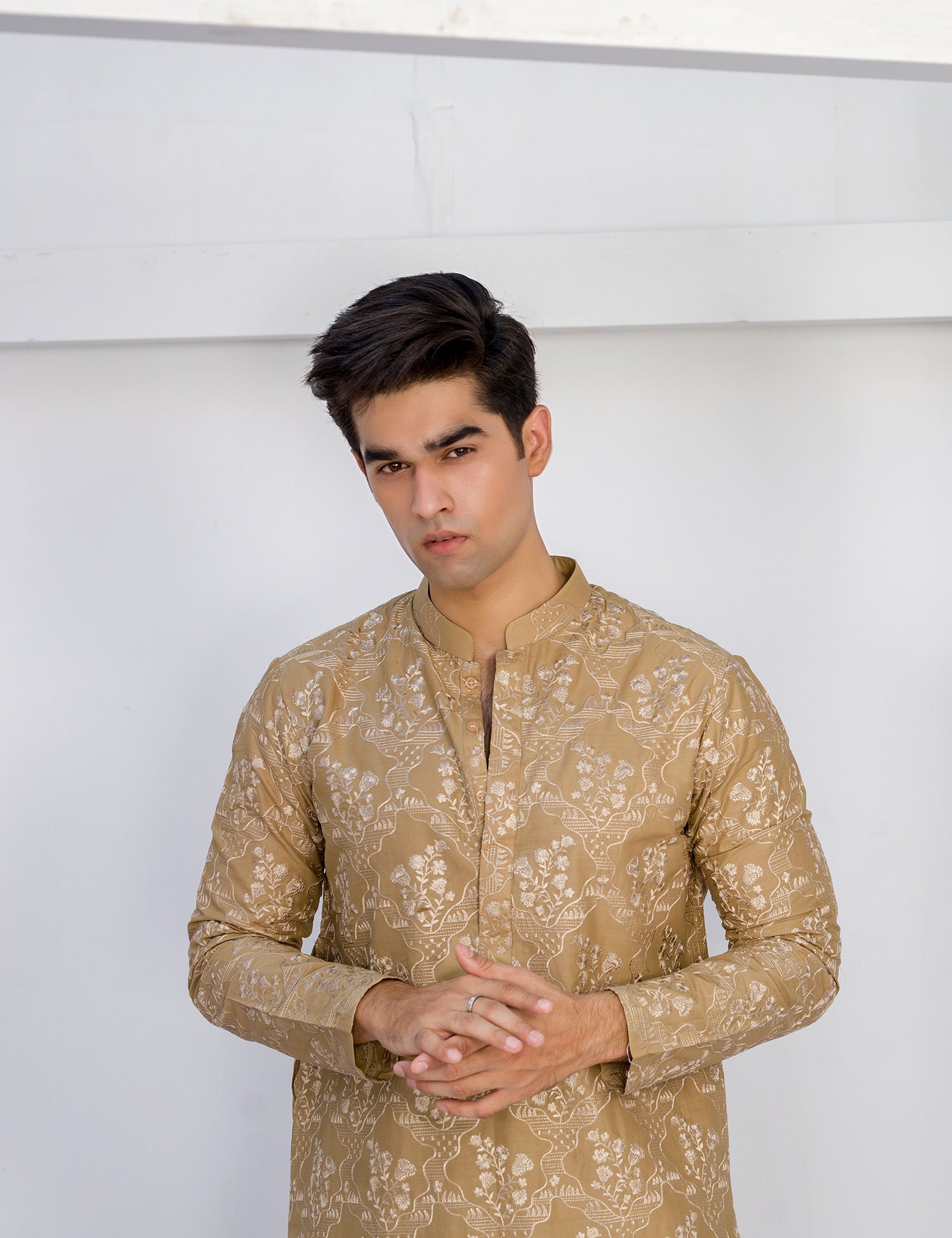 Camel Brown Embroidered Cotton Kurta Trouser Set (2-Piece) - Image 2