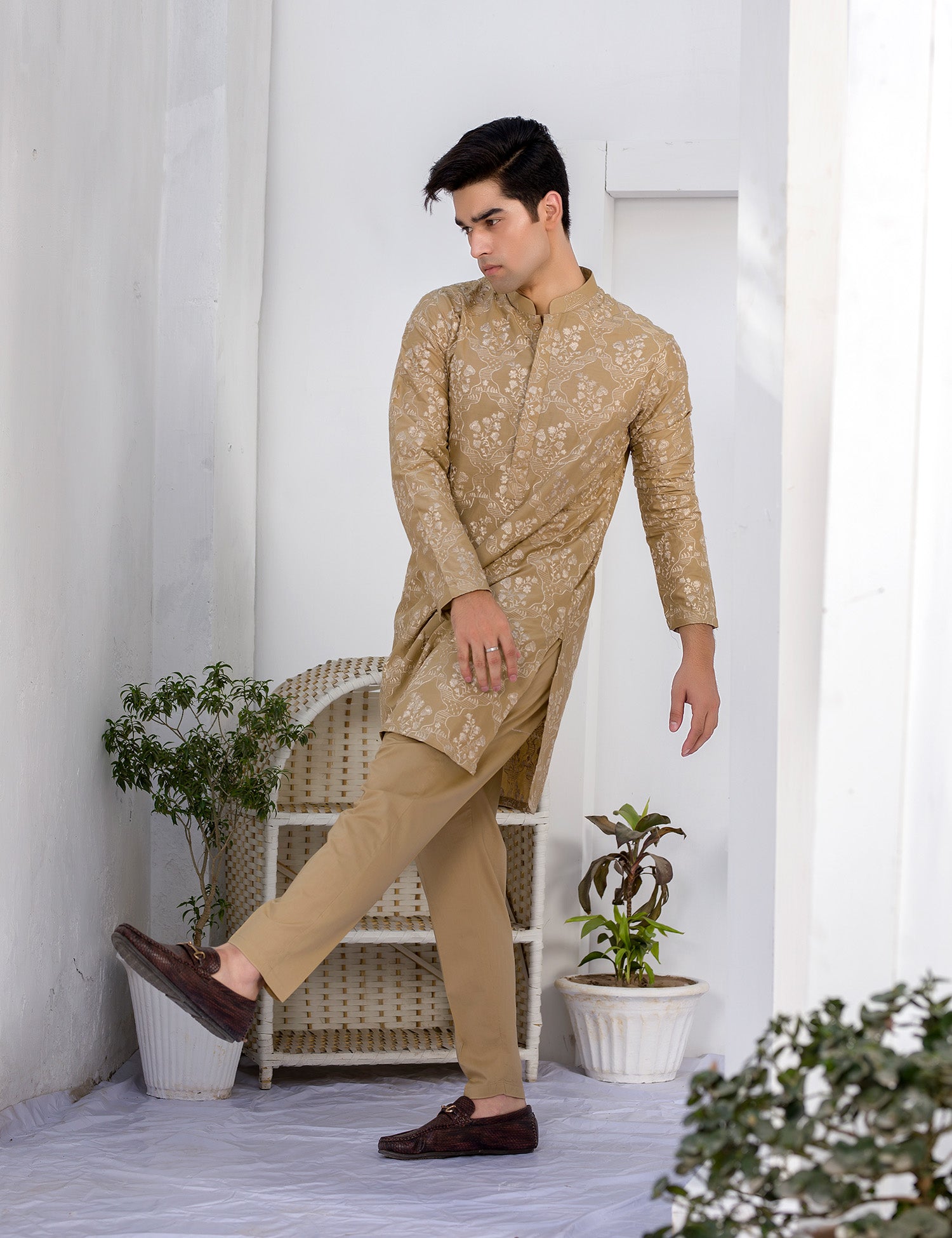 Camel Brown Embroidered Cotton Kurta Trouser Set (2-Piece) - Image 3