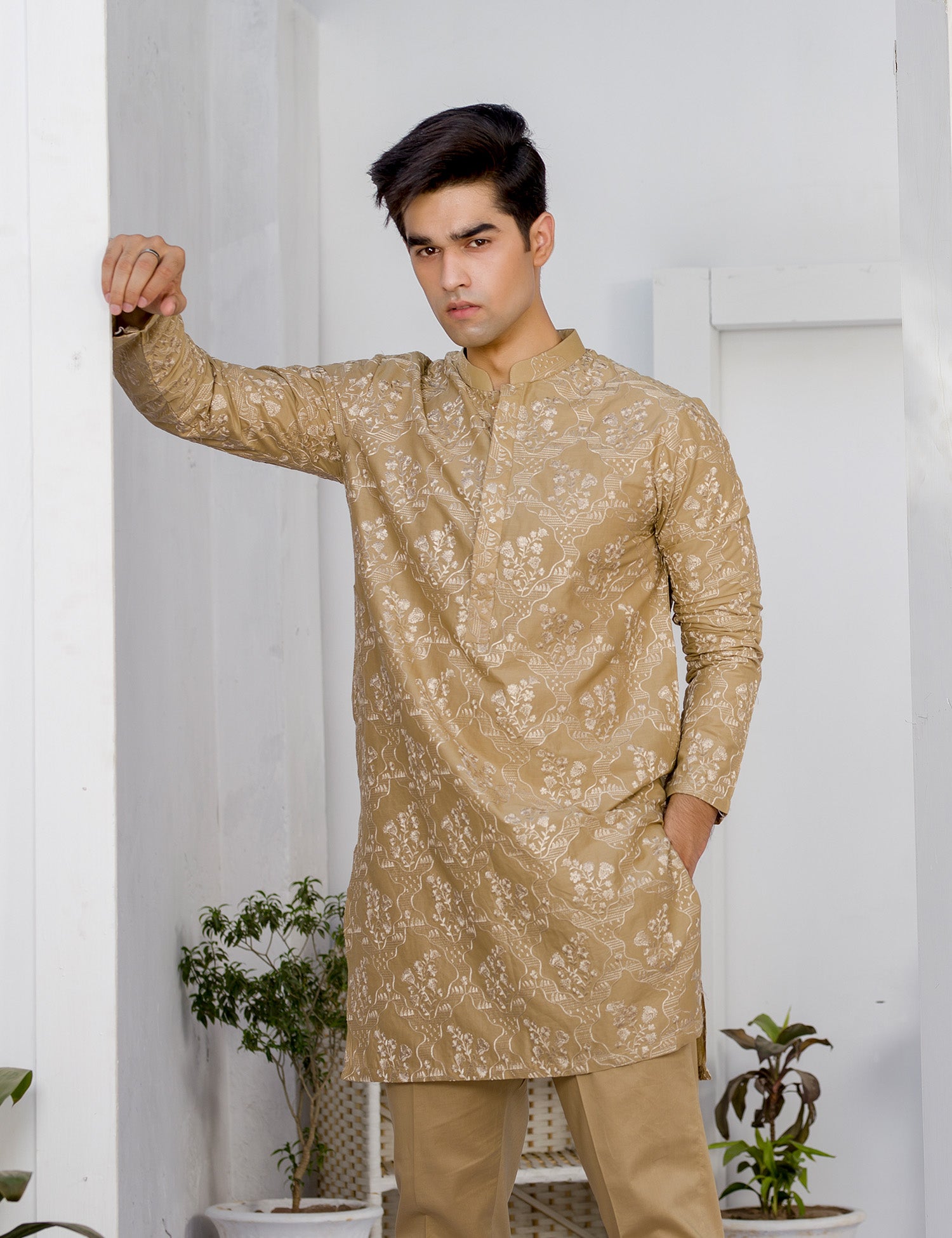 Camel Brown Embroidered Cotton Kurta Trouser Set (2-Piece) - Image 4