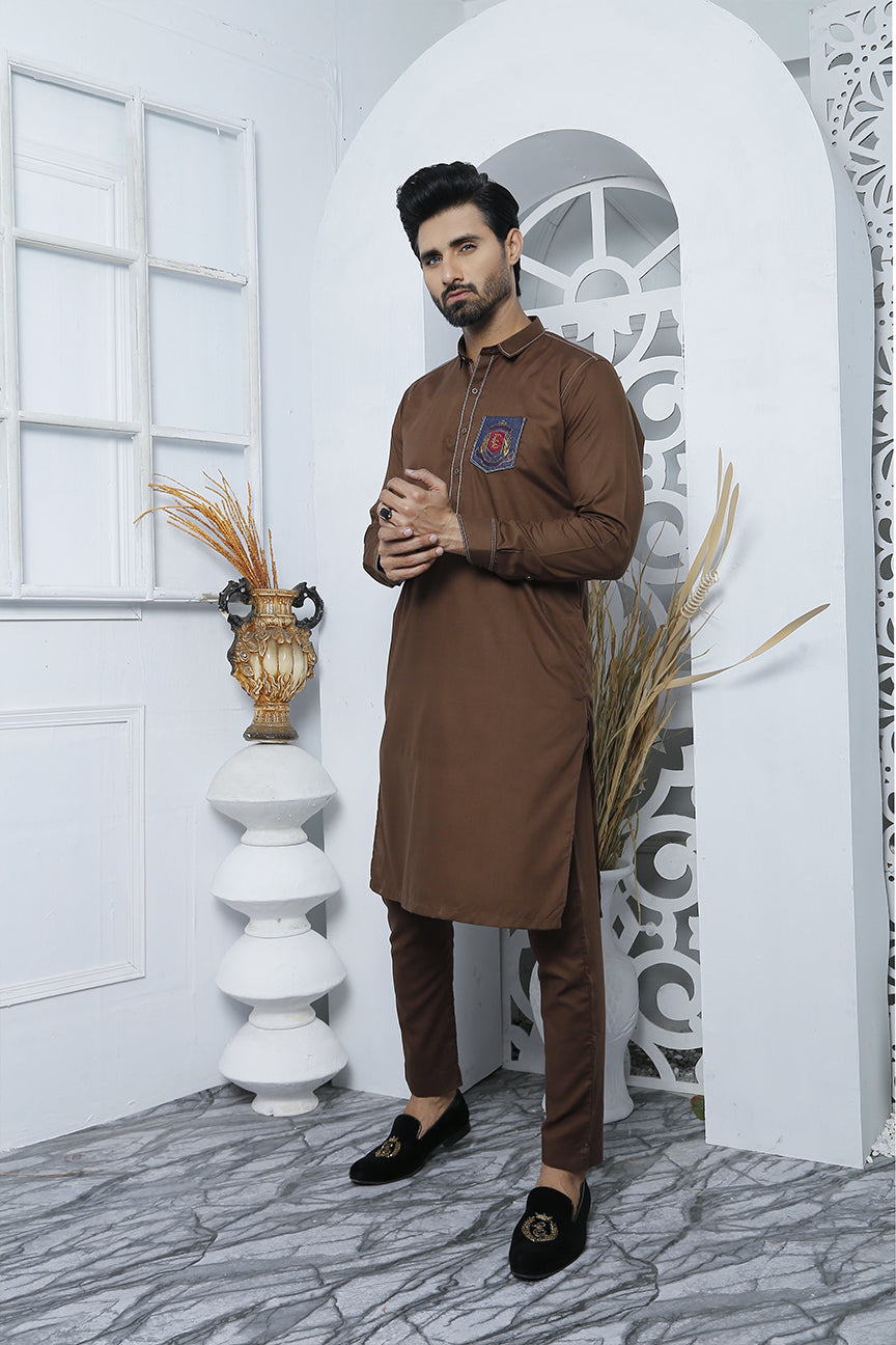 Brown Embroidered Blended Kurta Pajama (2-Piece) - Image 1