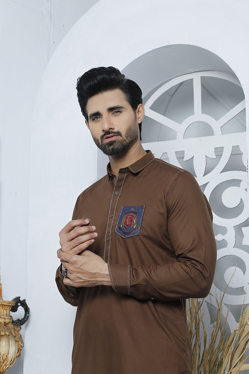 Brown Embroidered Blended Kurta Pajama (2-Piece) - Image 2