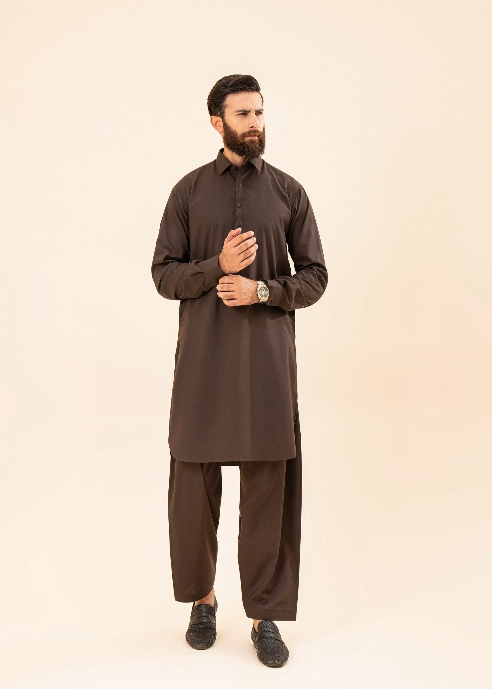 Dark Brown Blended Fabric Kurta Pajama (2-Piece) - Image 4