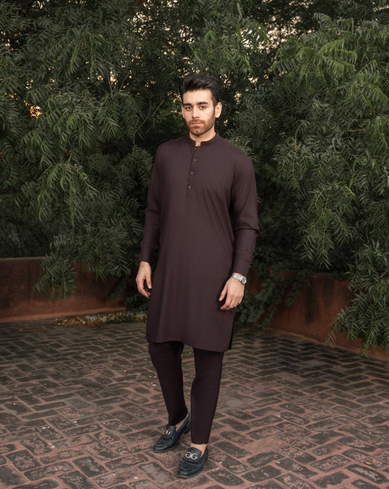 Dark Brown Blended Fabric Kurta Pajama (2-Piece) - Image 5