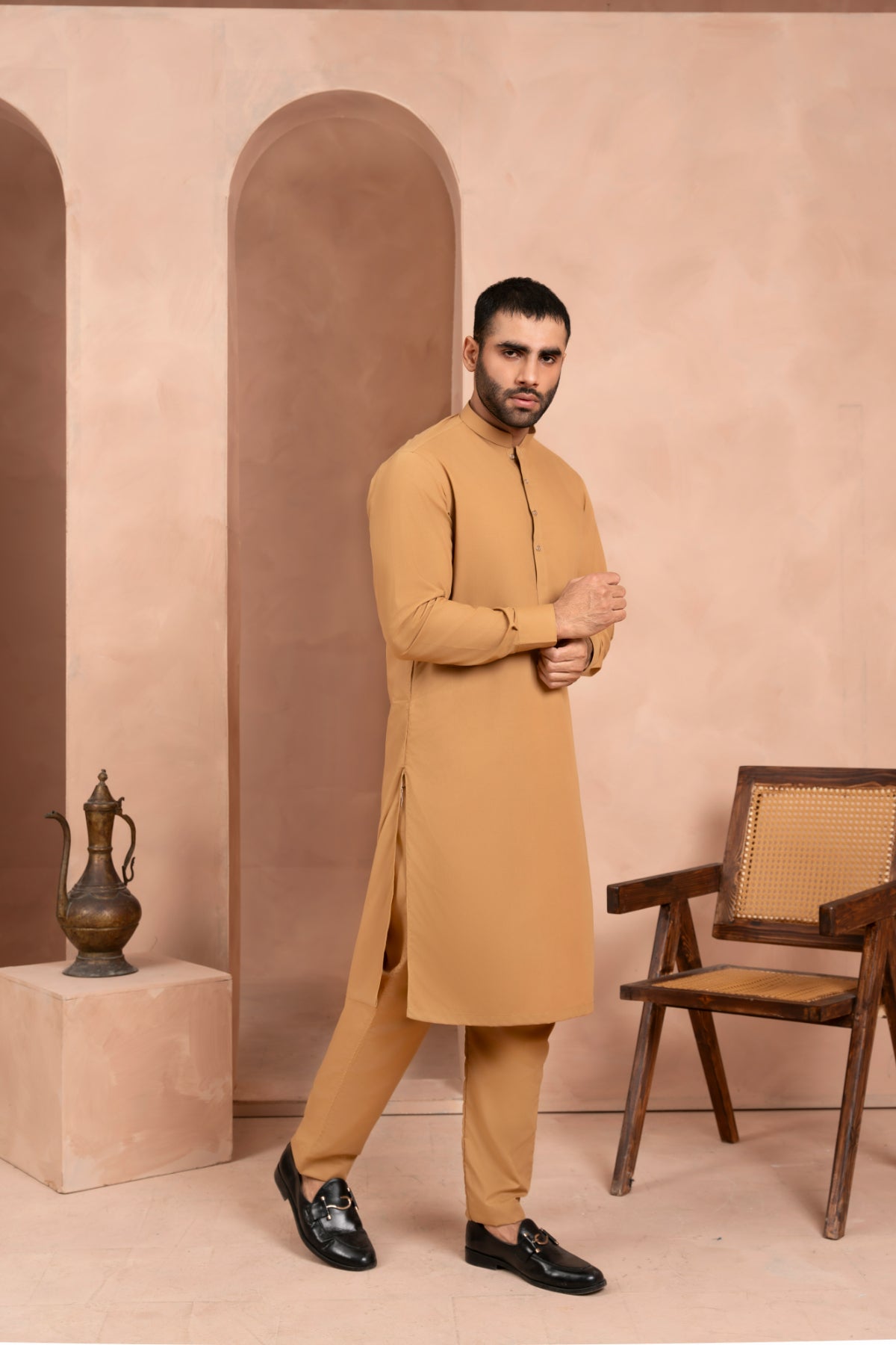 Rust Tonal-Stitched Blended Fabric Kurta Trouser (2-Piece) - Image 2