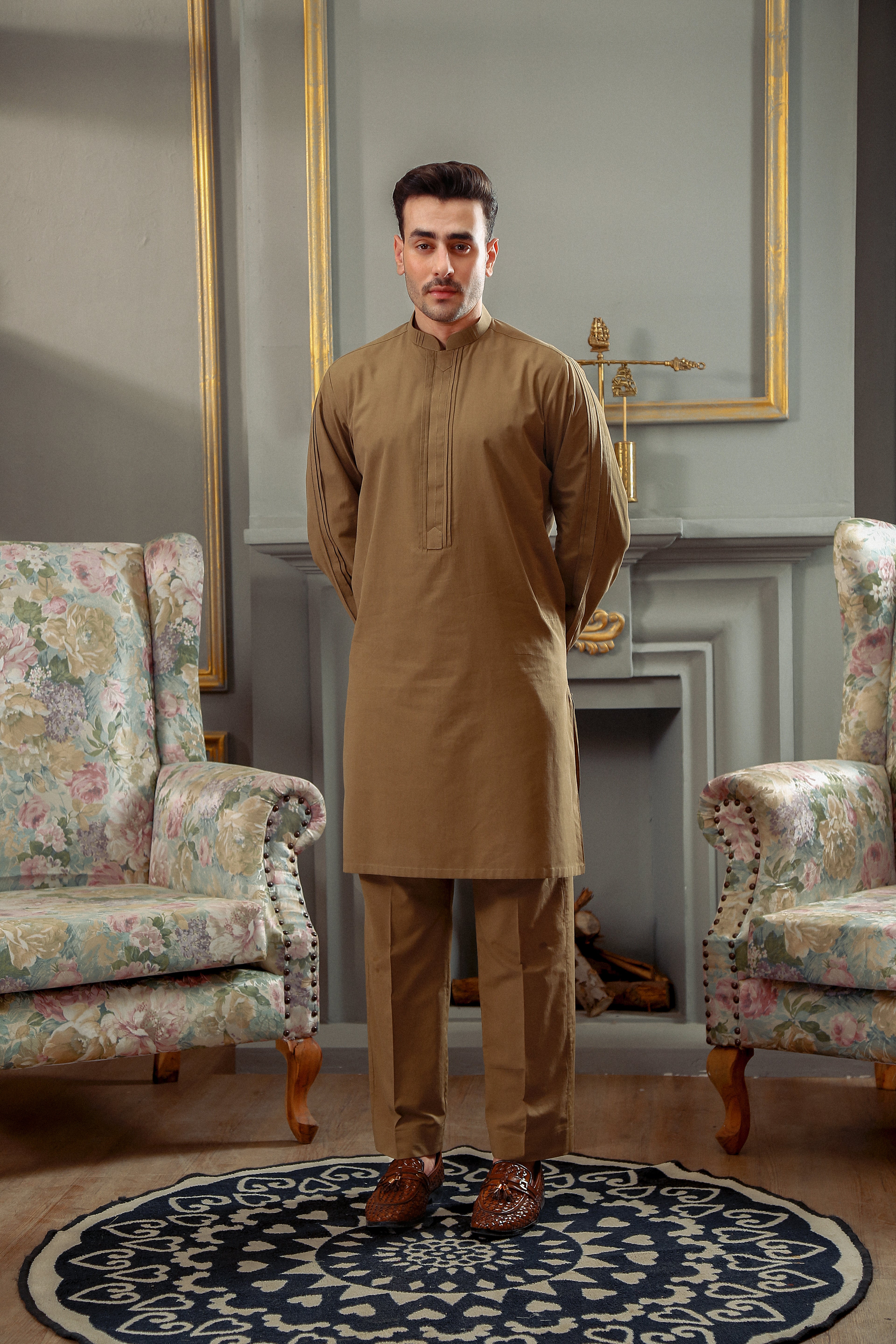 Light Brown Cotton Blend Kurta Trouser Set (2-Piece) - Image 1