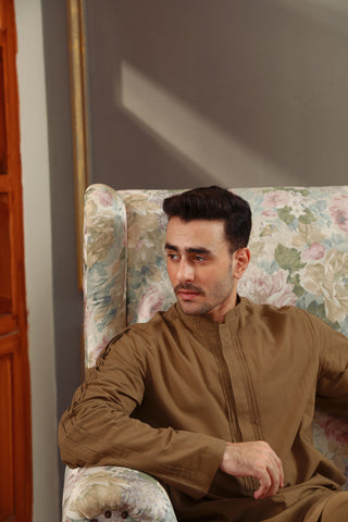 Light Brown Cotton Blend Kurta Trouser Set (2-Piece) - Image 2