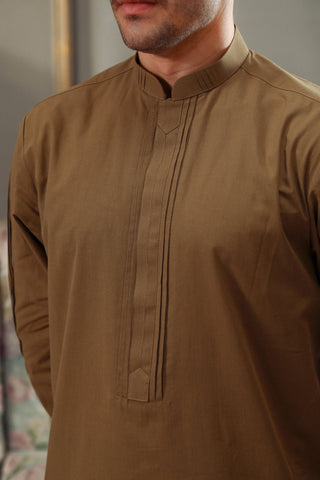 Light Brown Cotton Blend Kurta Trouser Set (2-Piece) - Image 3