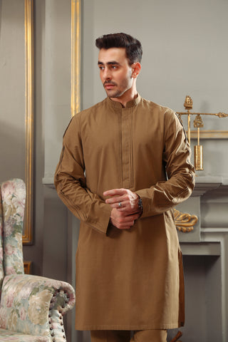Light Brown Cotton Blend Kurta Trouser Set (2-Piece) - Image 7