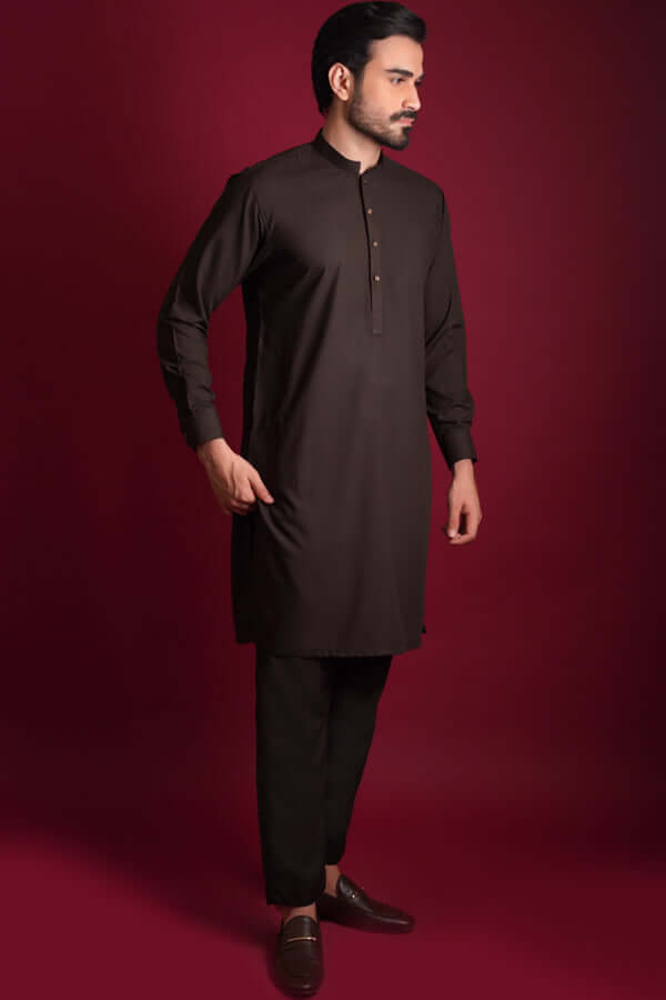Deep Chocolate Brown Cotton Blend Kurta Pajama (2-Piece) - Image 3