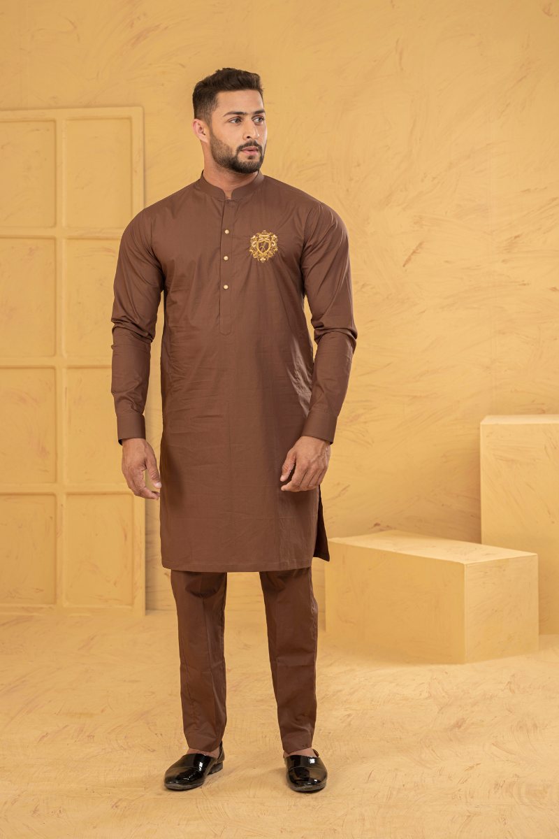 Oak Brown Embroidered Cotton Blend Kurta Pajama (2-Piece) - Image 1