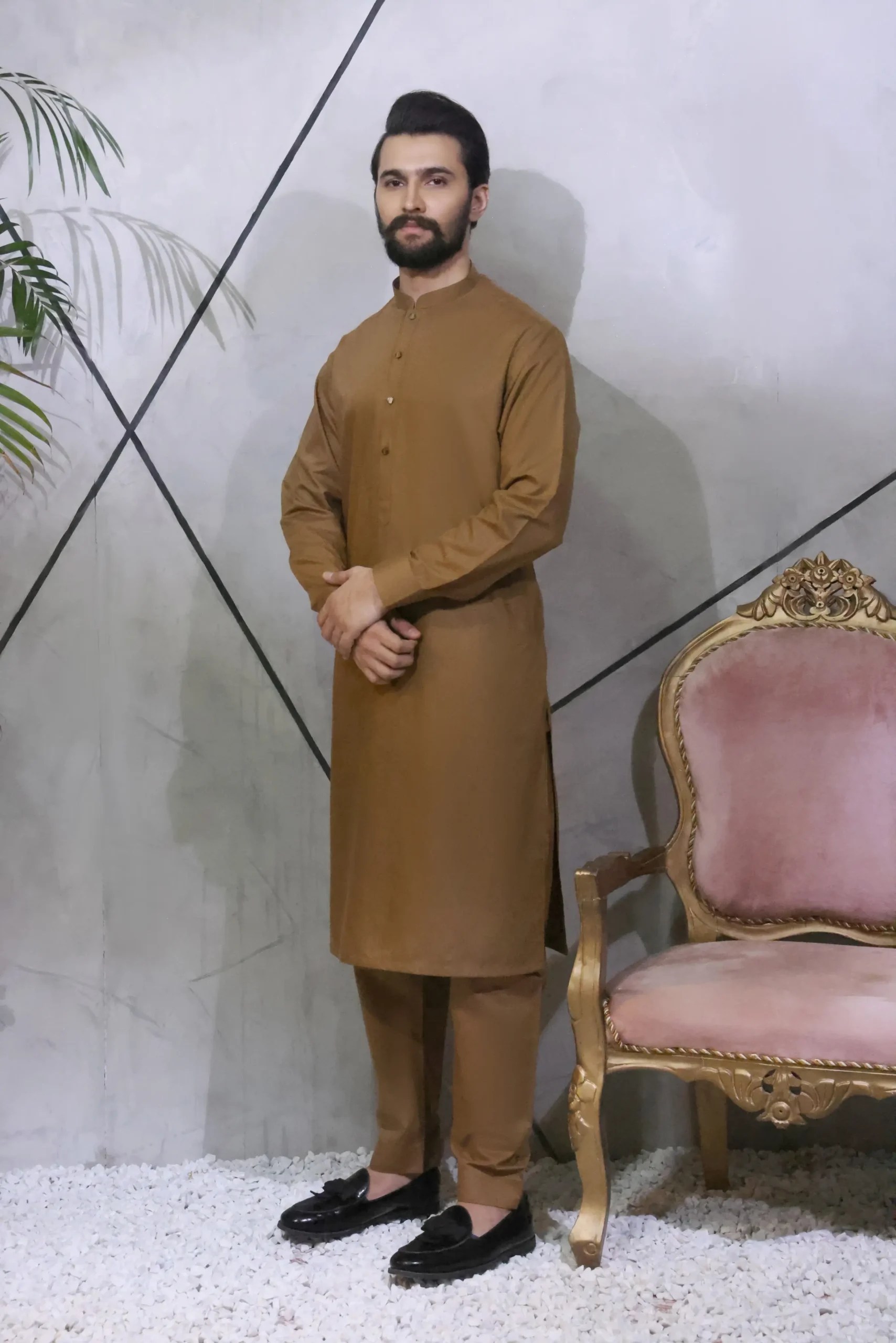 Peanut Brown Plain Cotton-Polyester Kurta Pajama (2-Piece) - Image 1