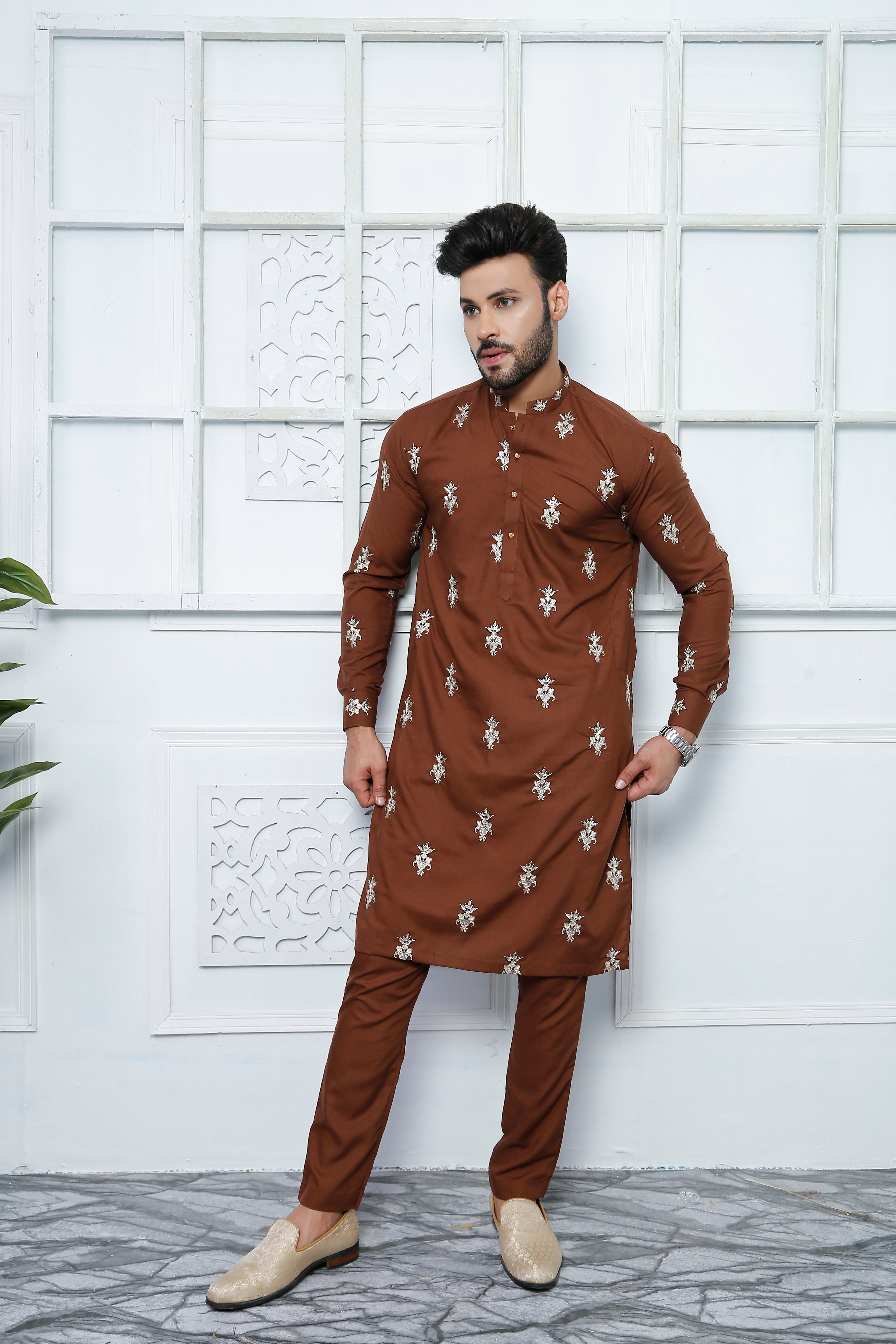 Chestnut Brown Boti Embroidered Cotton-Silk Kurta Pajama (2-Piece) - Image 1