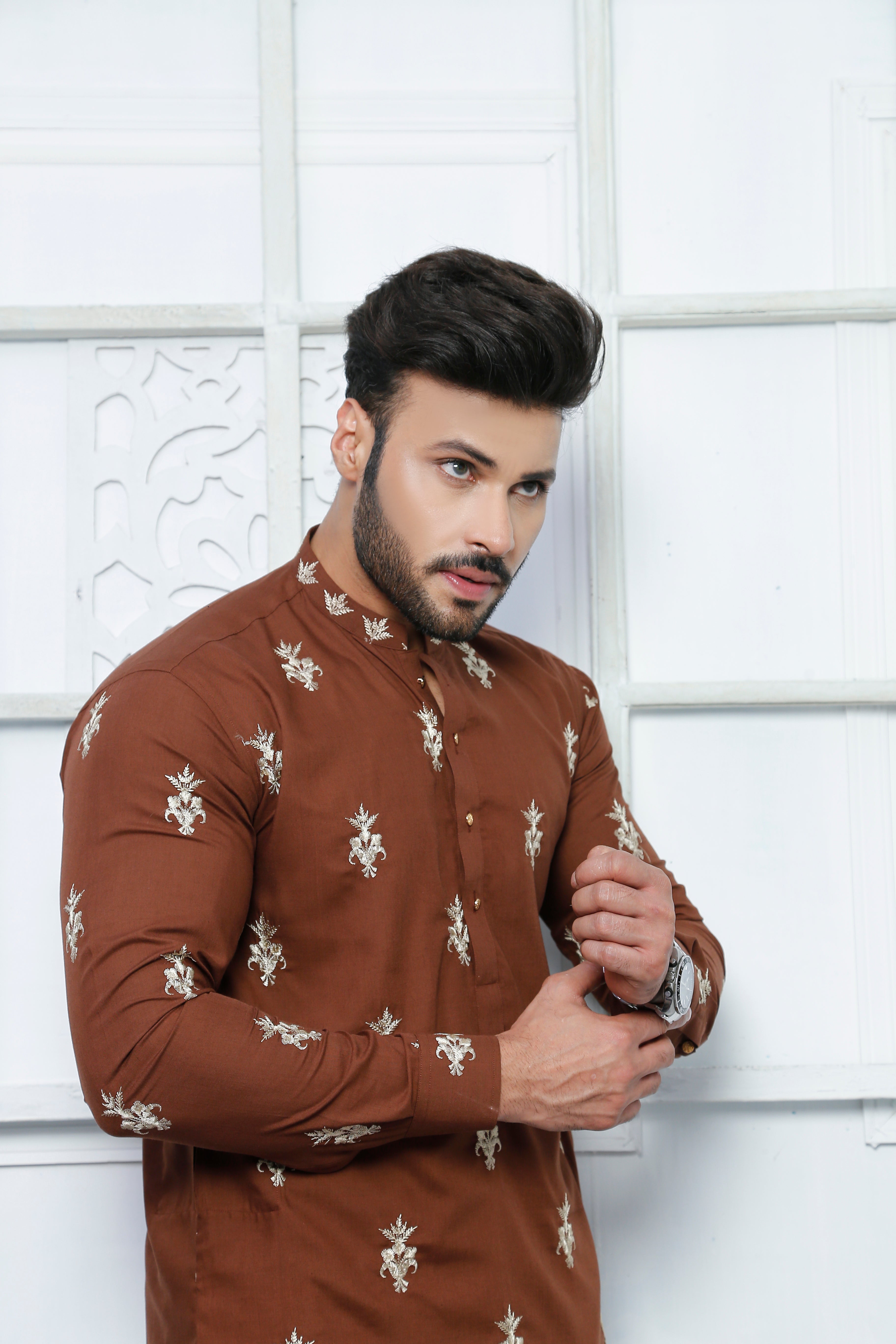 Chestnut Brown Boti Embroidered Cotton-Silk Kurta Pajama (2-Piece) - Image 2