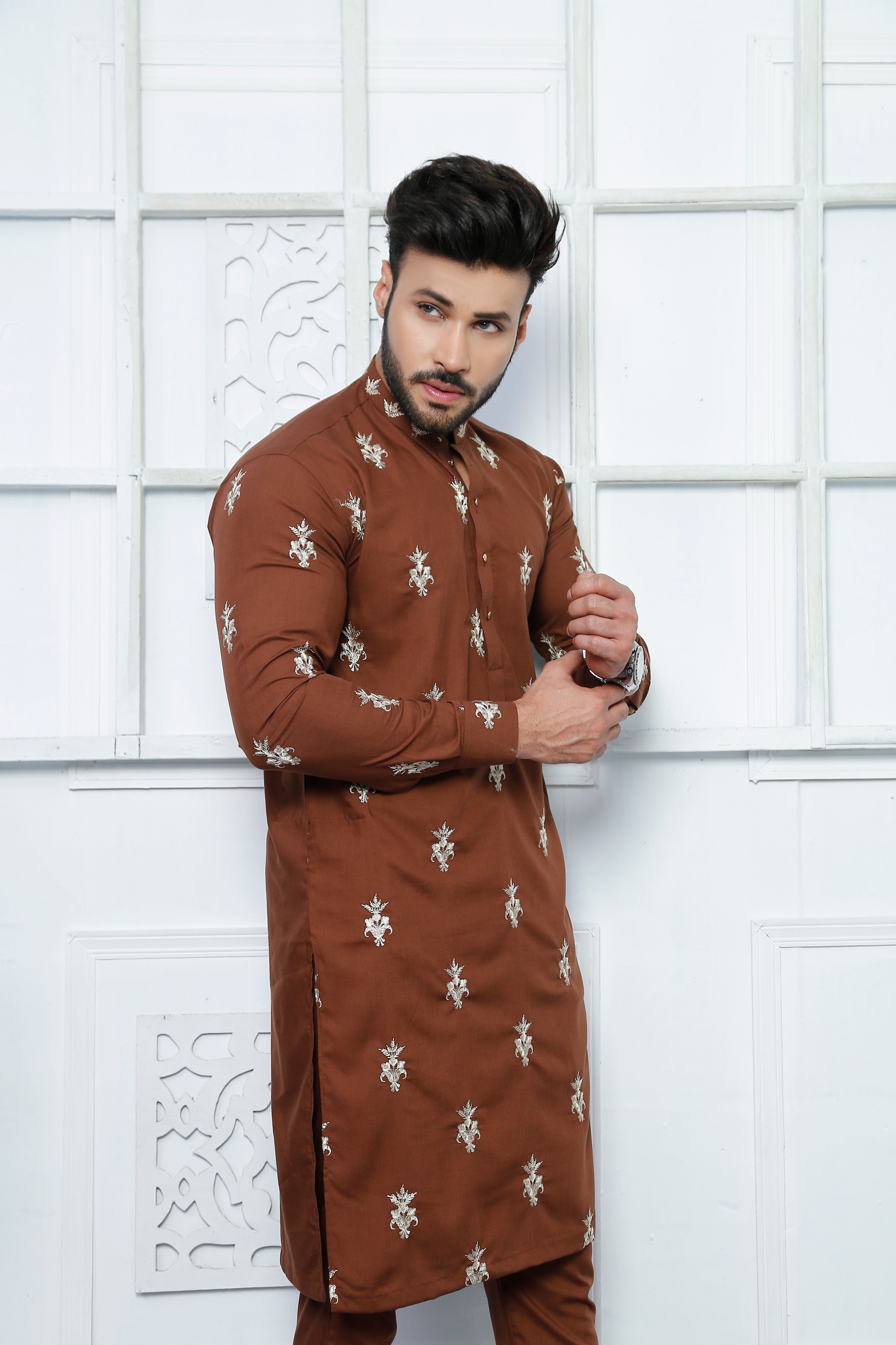 Chestnut Brown Boti Embroidered Cotton-Silk Kurta Pajama (2-Piece) - Image 3
