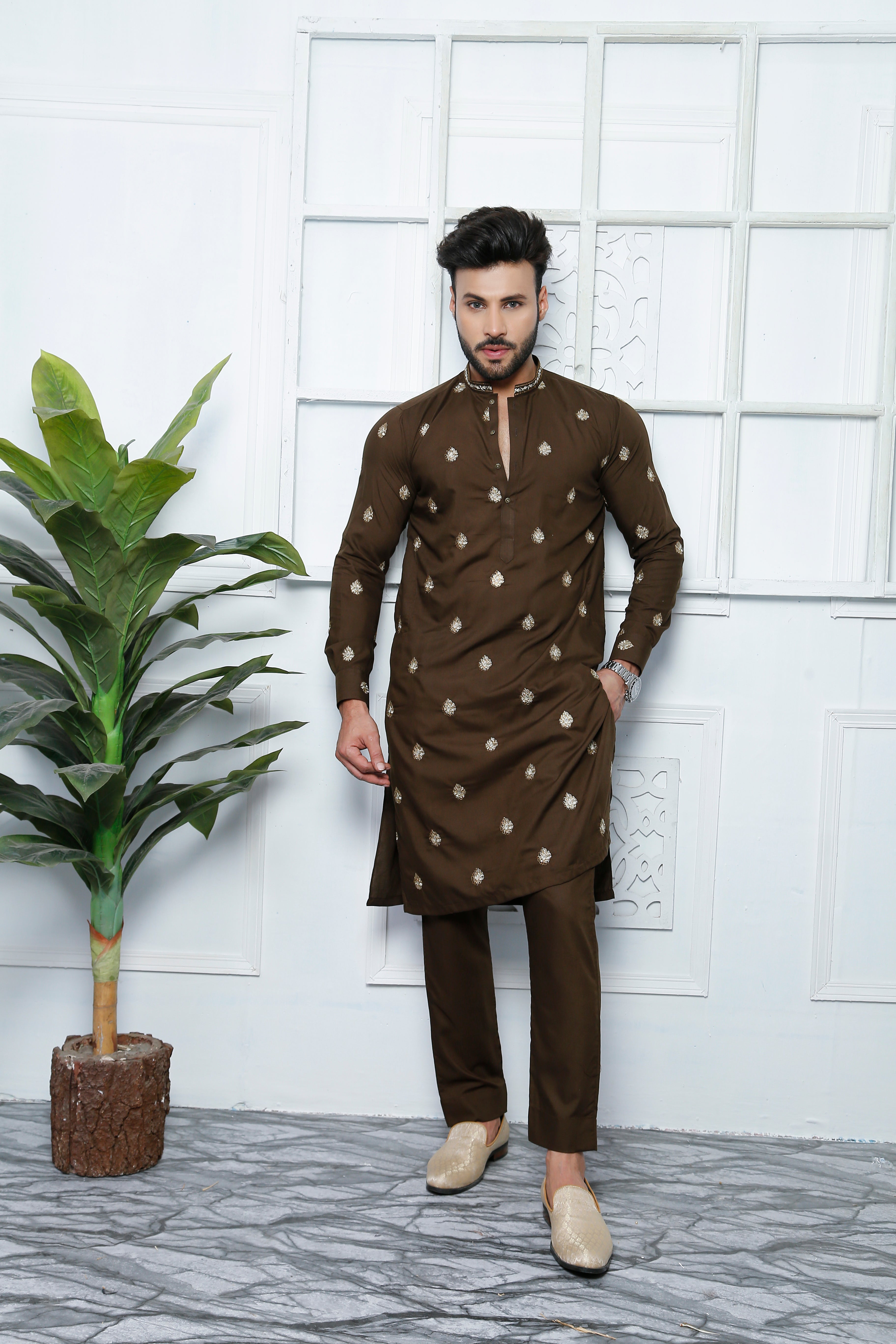 Chocolate Brown Embroidered Cotton-Silk Kurta Pajama (2-Piece) - Image 1