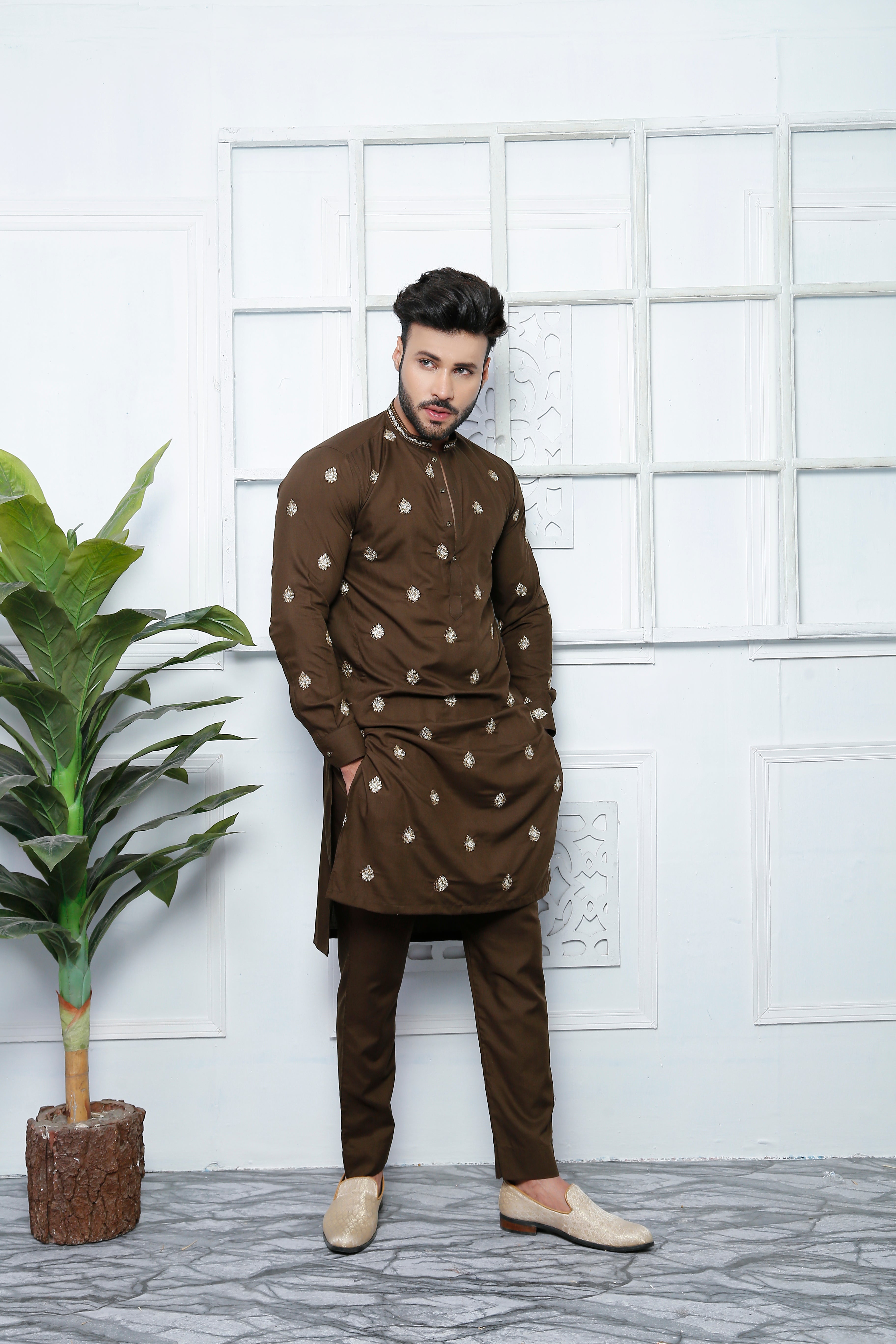 Chocolate Brown Embroidered Cotton-Silk Kurta Pajama (2-Piece) - Image 2